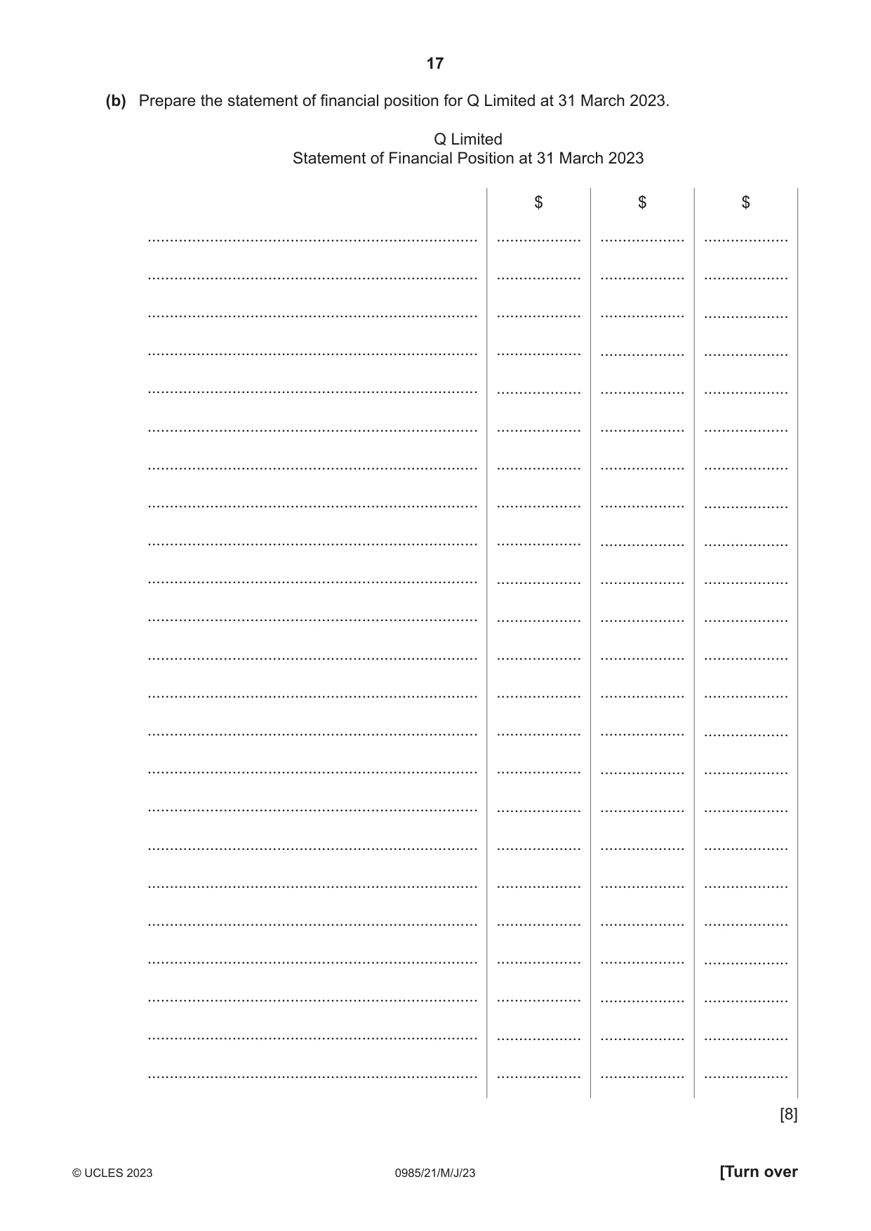 Cambridge IGCSE Accounting (9-1) 0985 2023 May/June Paper 2 · Variant 1 question paper, page 17 of 20