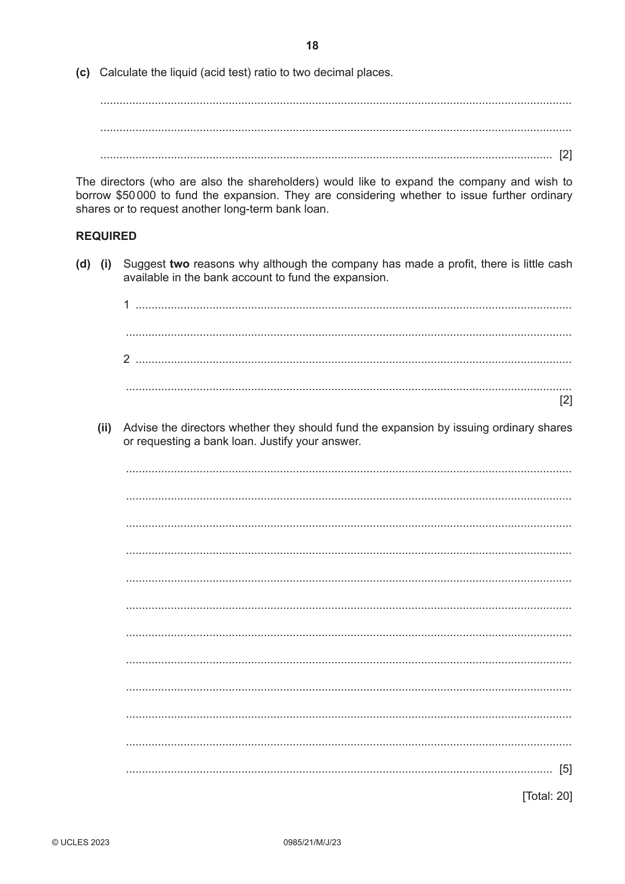 Cambridge IGCSE Accounting (9-1) 0985 2023 May/June Paper 2 · Variant 1 question paper, page 18 of 20