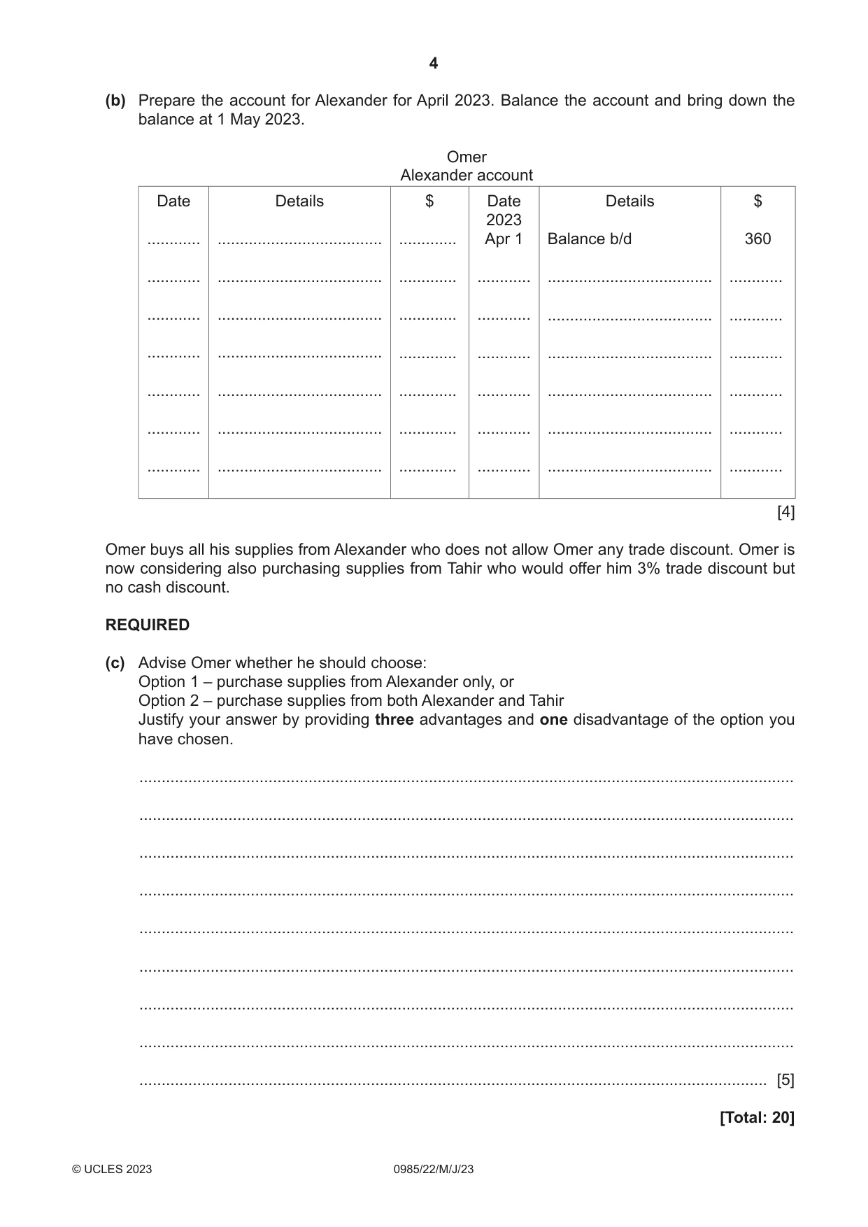 Cambridge IGCSE Accounting (9-1) 0985 2023 May/June Paper 2 · Variant 2 question paper, page 4 of 20