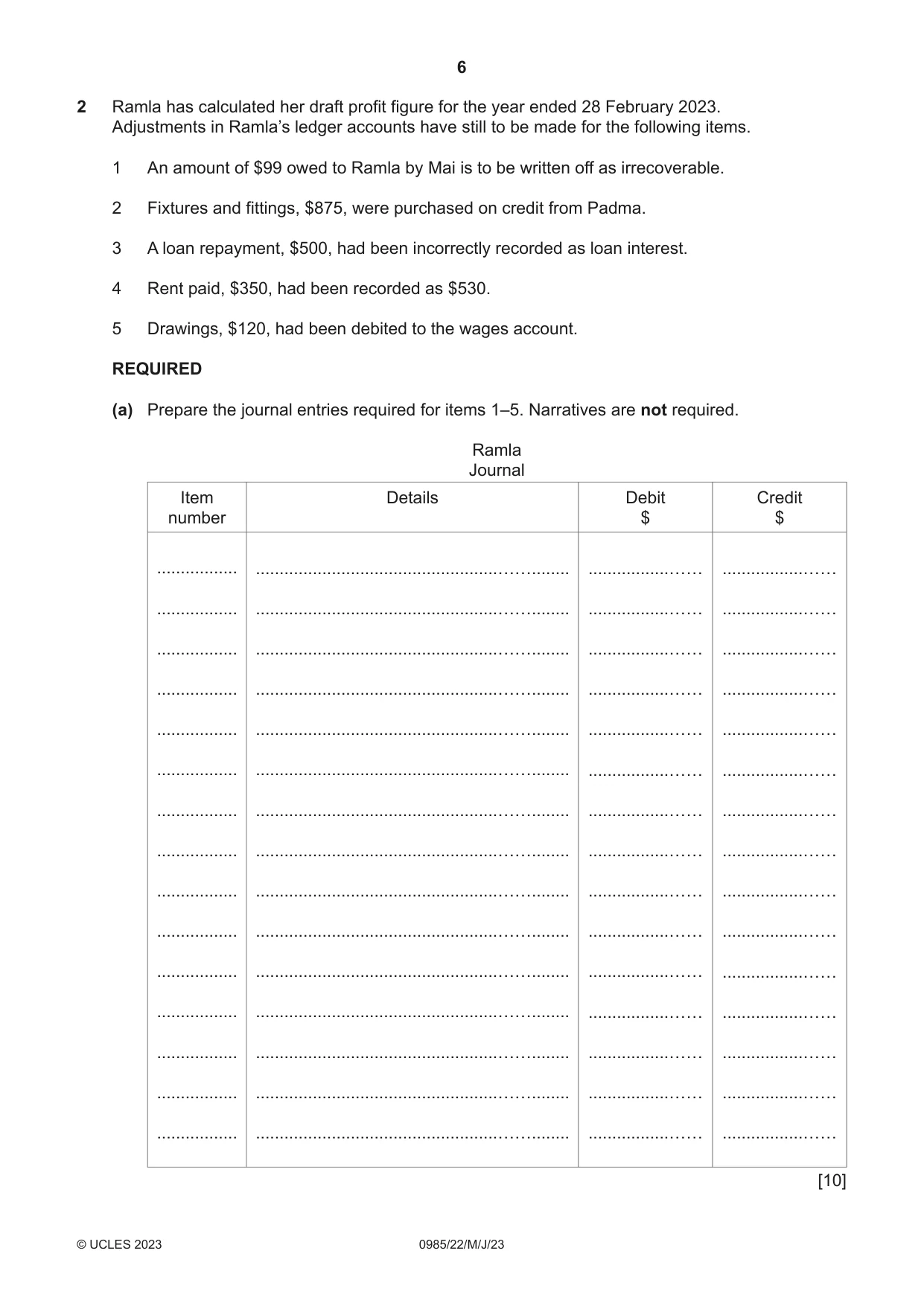 Cambridge IGCSE Accounting (9-1) 0985 2023 May/June Paper 2 · Variant 2 question paper, page 6 of 20
