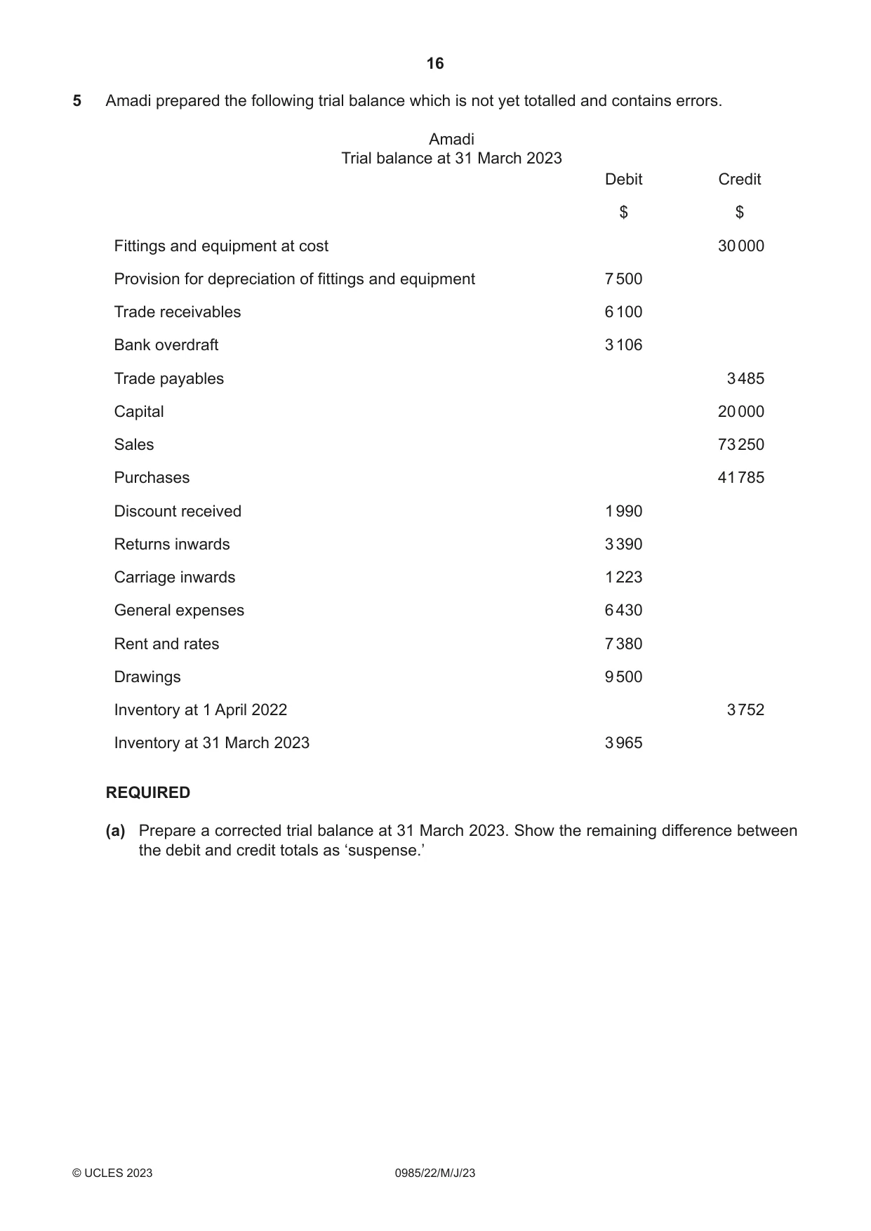 Cambridge IGCSE Accounting (9-1) 0985 2023 May/June Paper 2 · Variant 2 question paper, page 16 of 20