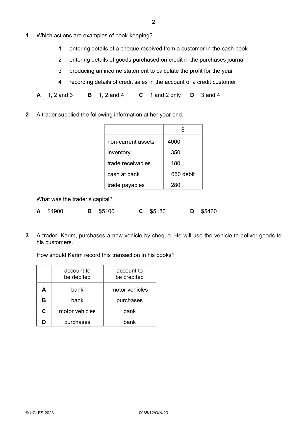 Cambridge IGCSE Accounting (9-1) 0985 2023 Oct/Nov Paper 1 · Variant 2 question paper, page 2 of 12
