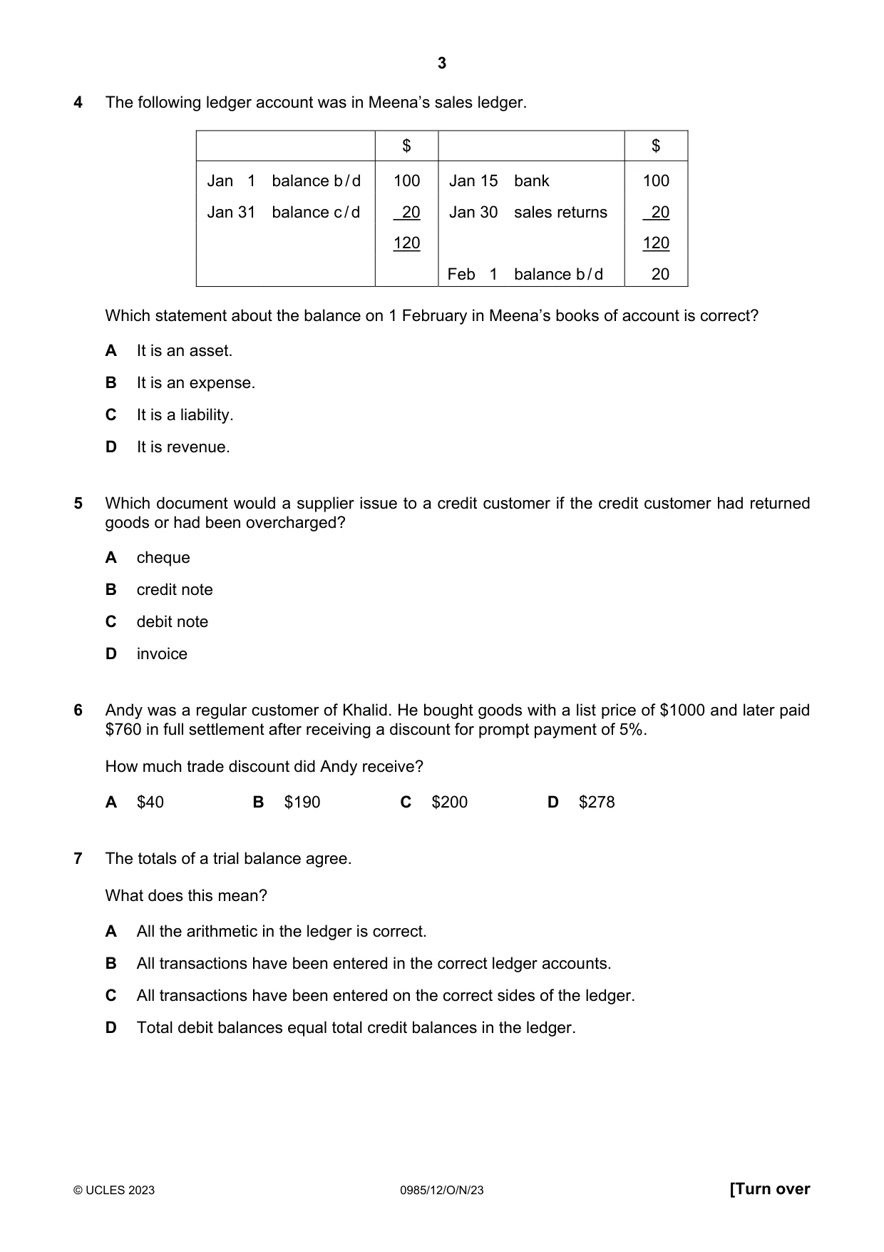 Cambridge IGCSE Accounting (9-1) 0985 2023 Oct/Nov Paper 1 · Variant 2 question paper, page 3 of 12