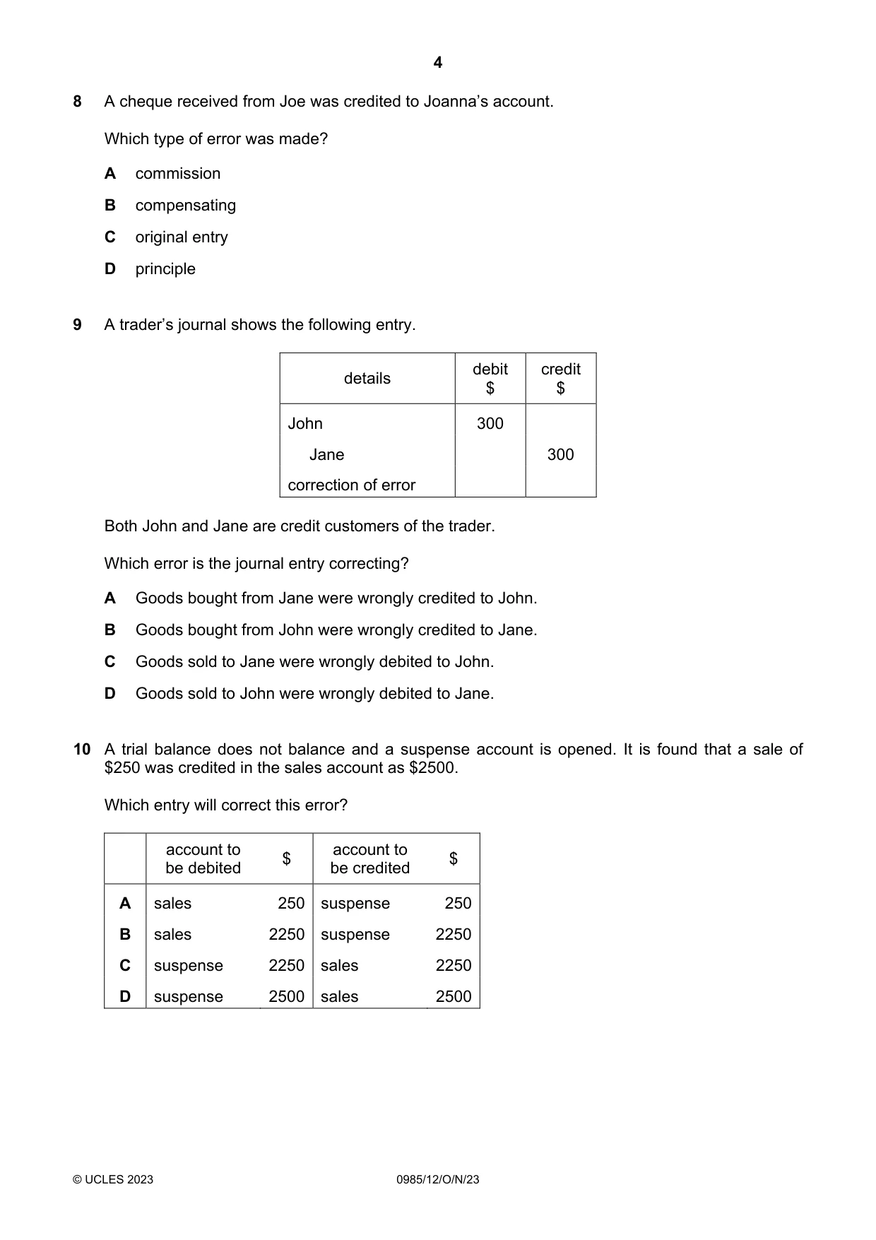Cambridge IGCSE Accounting (9-1) 0985 2023 Oct/Nov Paper 1 · Variant 2 question paper, page 4 of 12