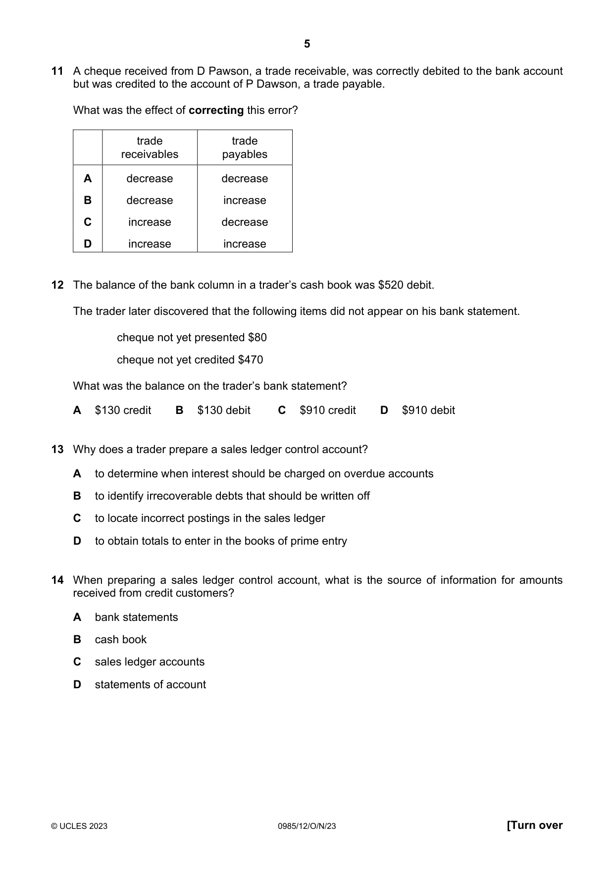 Cambridge IGCSE Accounting (9-1) 0985 2023 Oct/Nov Paper 1 · Variant 2 question paper, page 5 of 12
