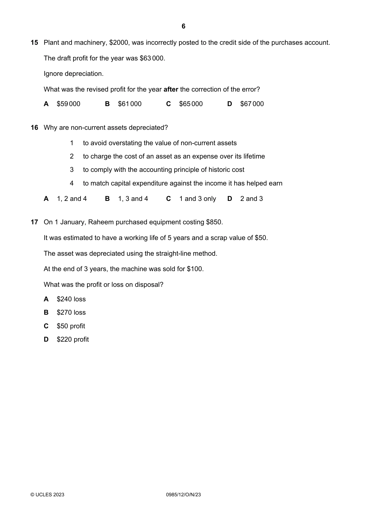 Cambridge IGCSE Accounting (9-1) 0985 2023 Oct/Nov Paper 1 · Variant 2 question paper, page 6 of 12