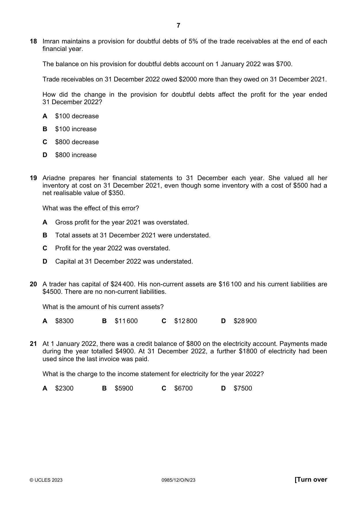 Cambridge IGCSE Accounting (9-1) 0985 2023 Oct/Nov Paper 1 · Variant 2 question paper, page 7 of 12