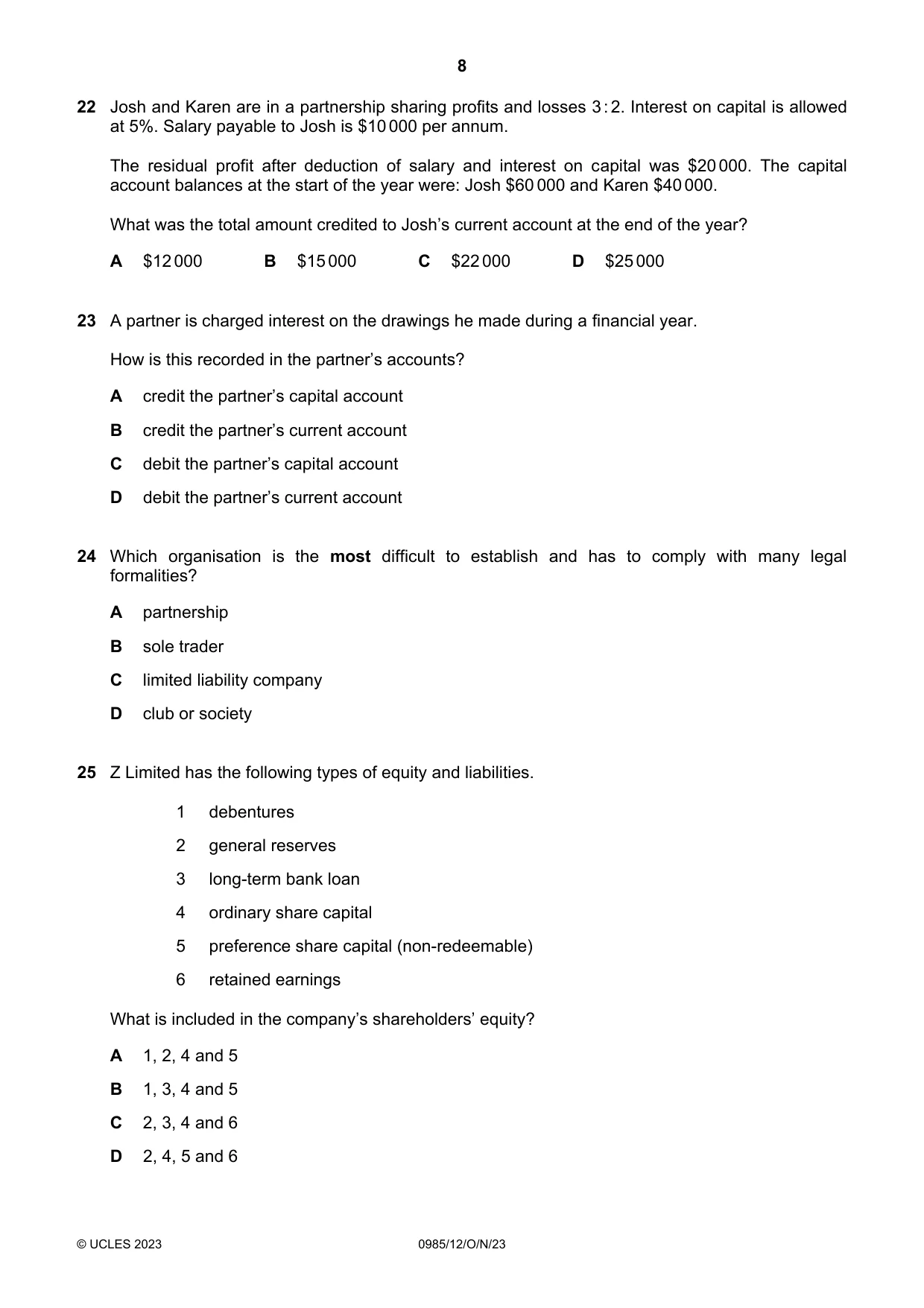 Cambridge IGCSE Accounting (9-1) 0985 2023 Oct/Nov Paper 1 · Variant 2 question paper, page 8 of 12