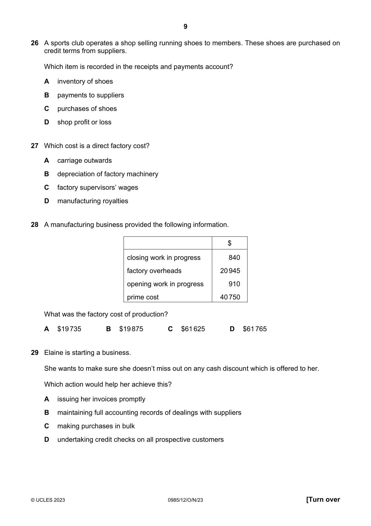 Cambridge IGCSE Accounting (9-1) 0985 2023 Oct/Nov Paper 1 · Variant 2 question paper, page 9 of 12