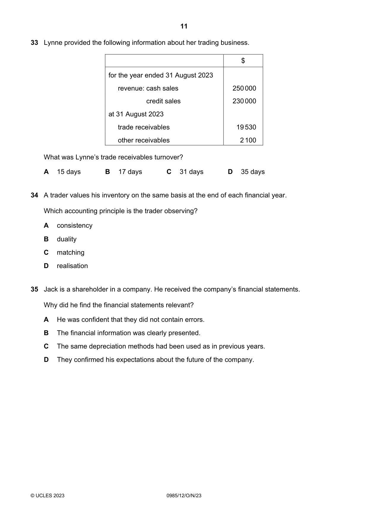 Cambridge IGCSE Accounting (9-1) 0985 2023 Oct/Nov Paper 1 · Variant 2 question paper, page 11 of 12