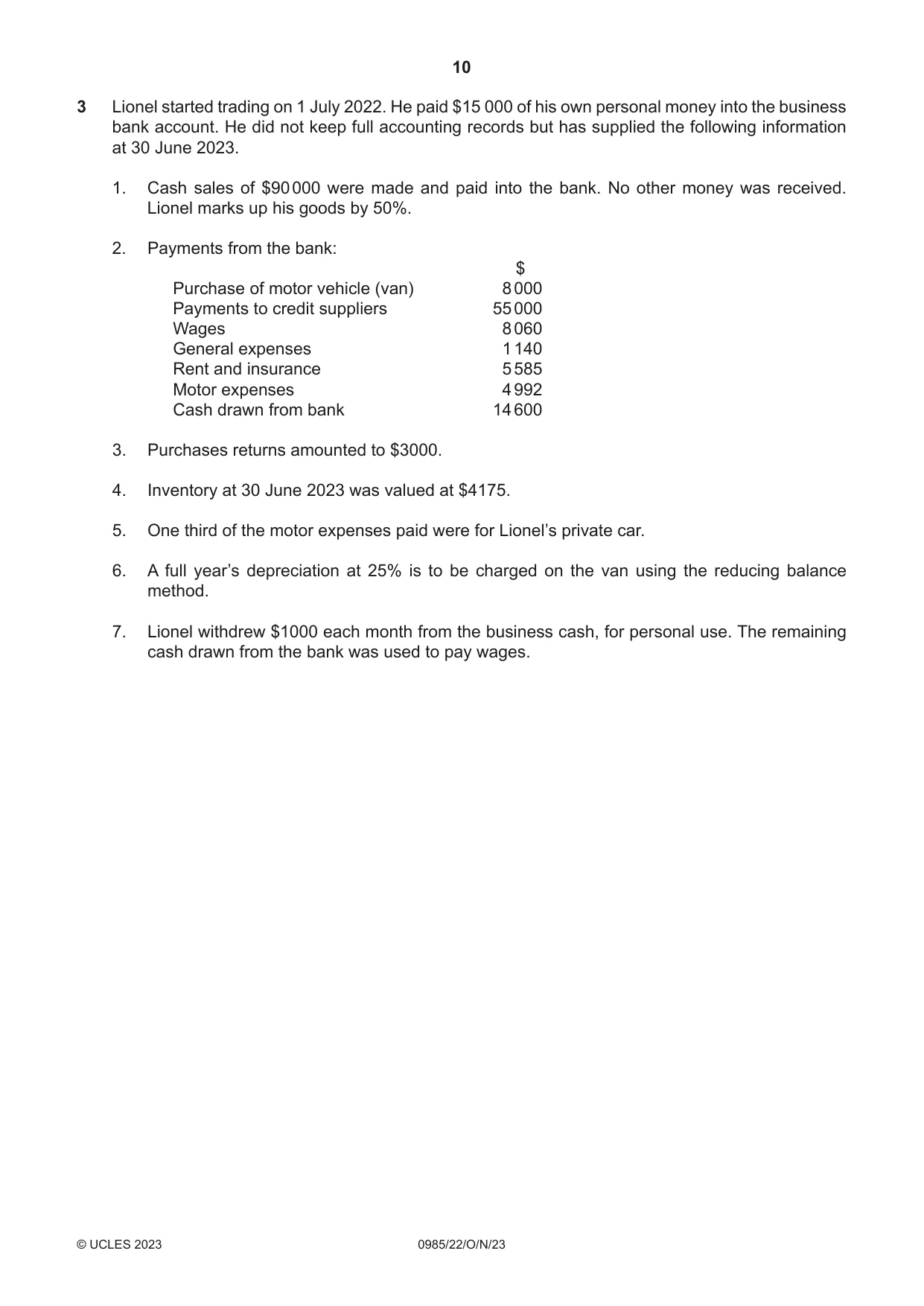 Cambridge IGCSE Accounting (9-1) 0985 2023 Oct/Nov Paper 2 · Variant 2 question paper, page 10 of 20