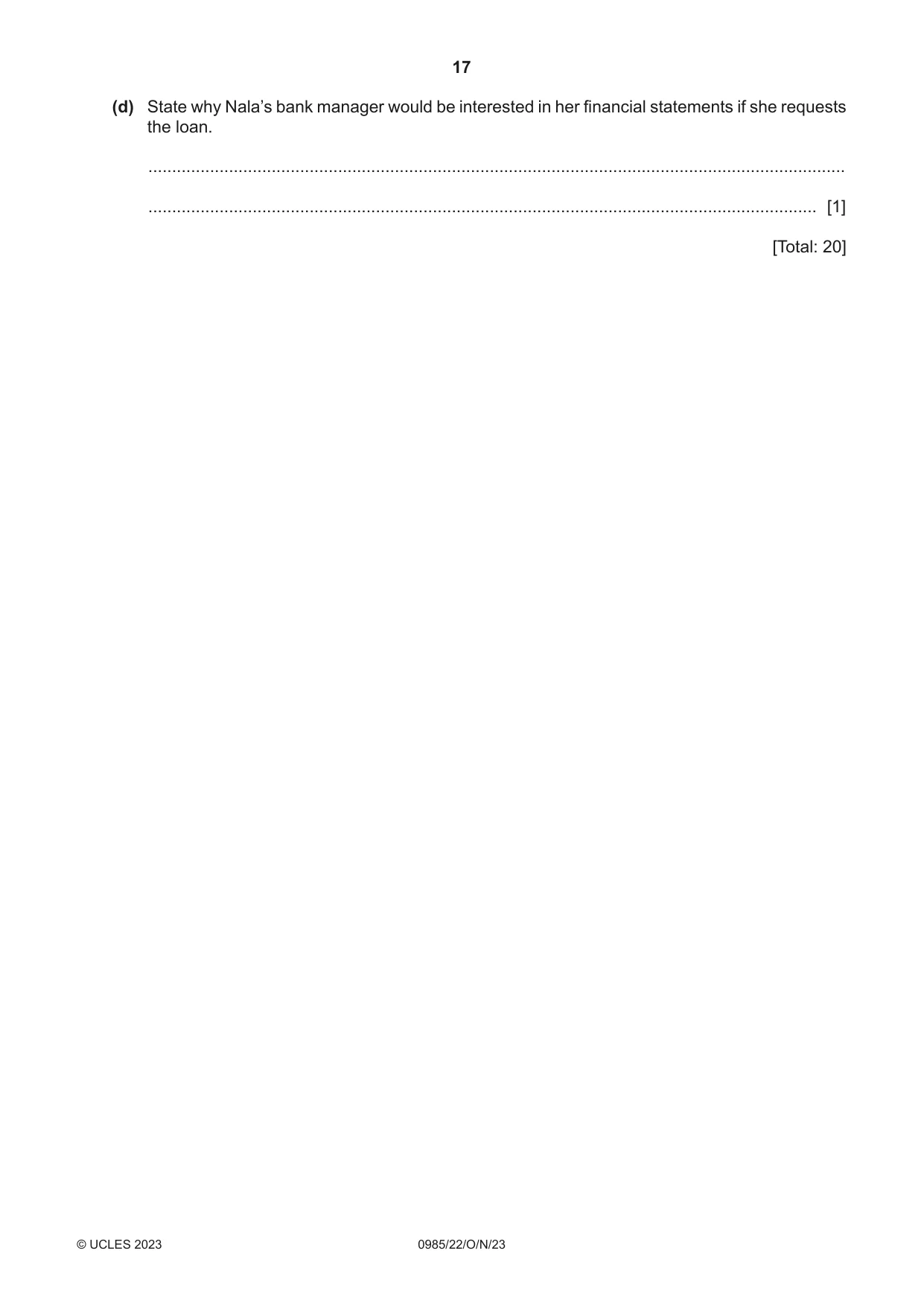 Cambridge IGCSE Accounting (9-1) 0985 2023 Oct/Nov Paper 2 · Variant 2 question paper, page 17 of 20