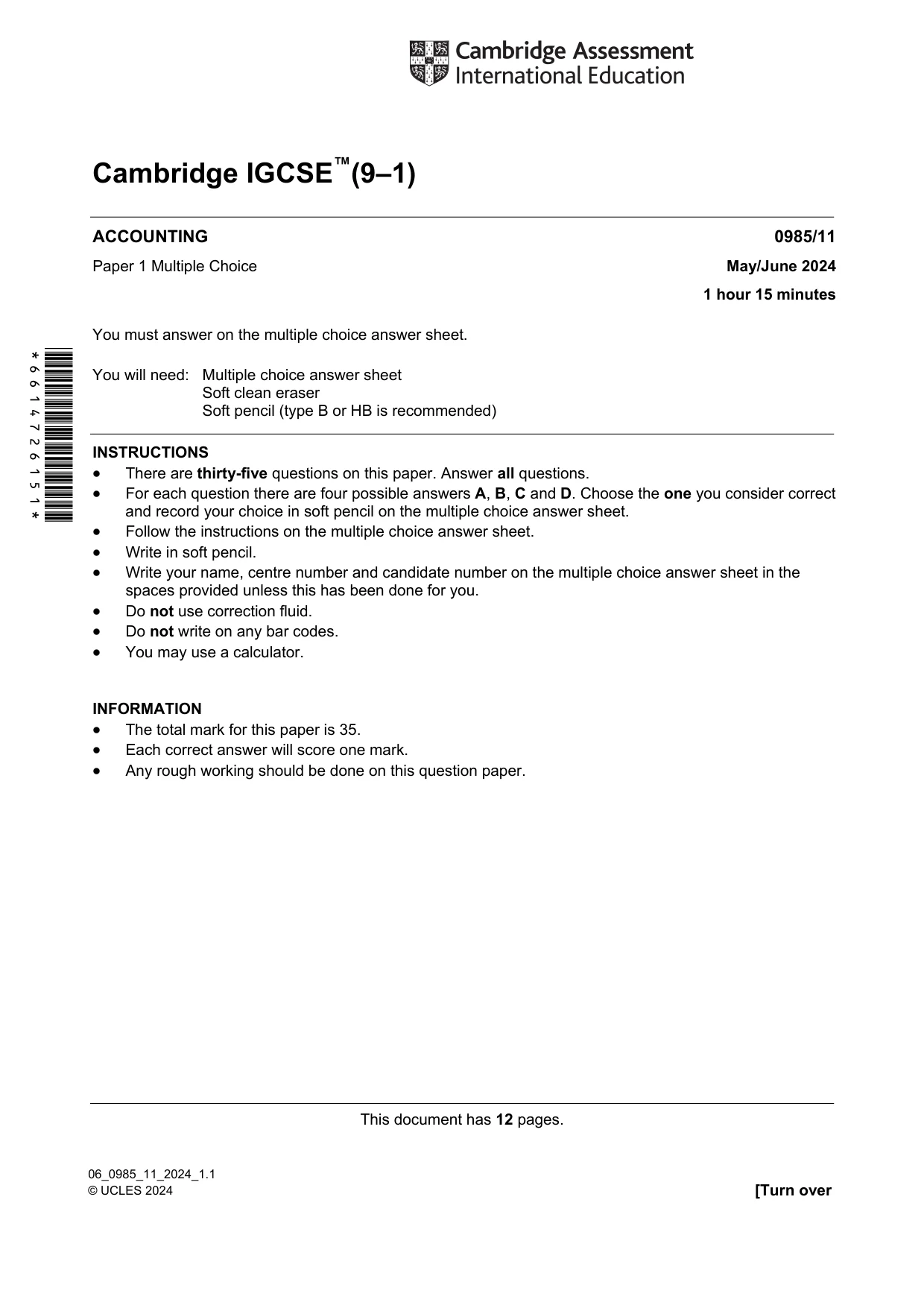 Cambridge IGCSE Accounting (9-1) 0985 2024 May/June Paper 1 · Variant 1 question paper, page 1 of 12