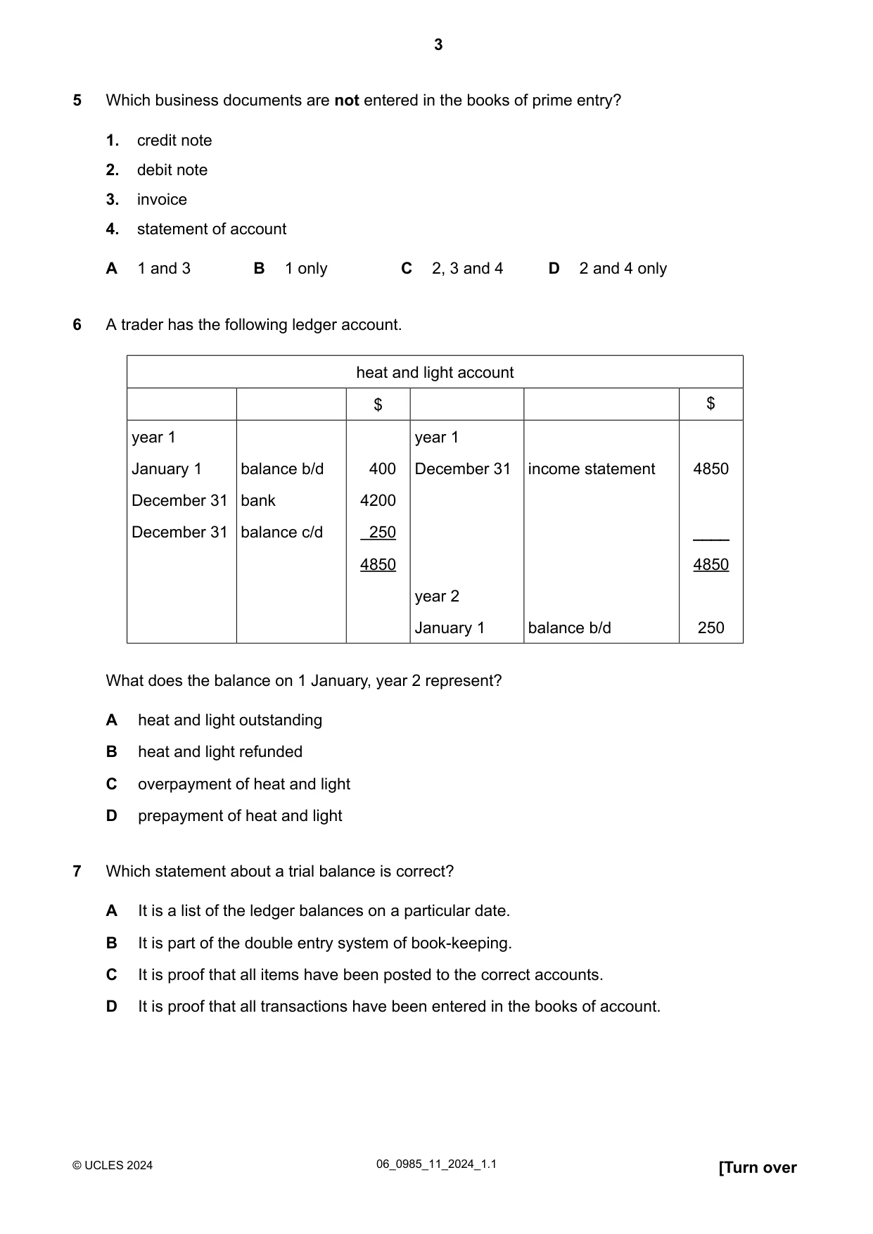 Cambridge IGCSE Accounting (9-1) 0985 2024 May/June Paper 1 · Variant 1 question paper, page 3 of 12