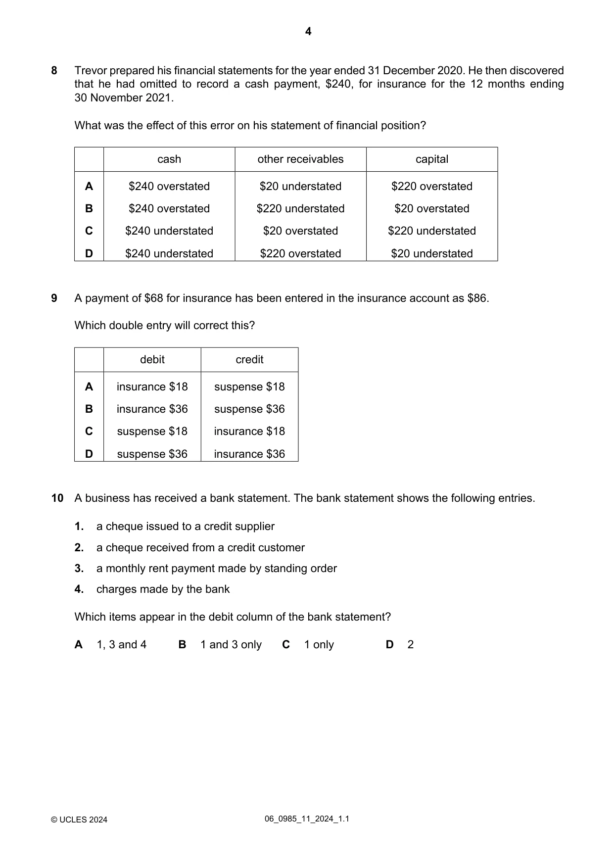 Cambridge IGCSE Accounting (9-1) 0985 2024 May/June Paper 1 · Variant 1 question paper, page 4 of 12