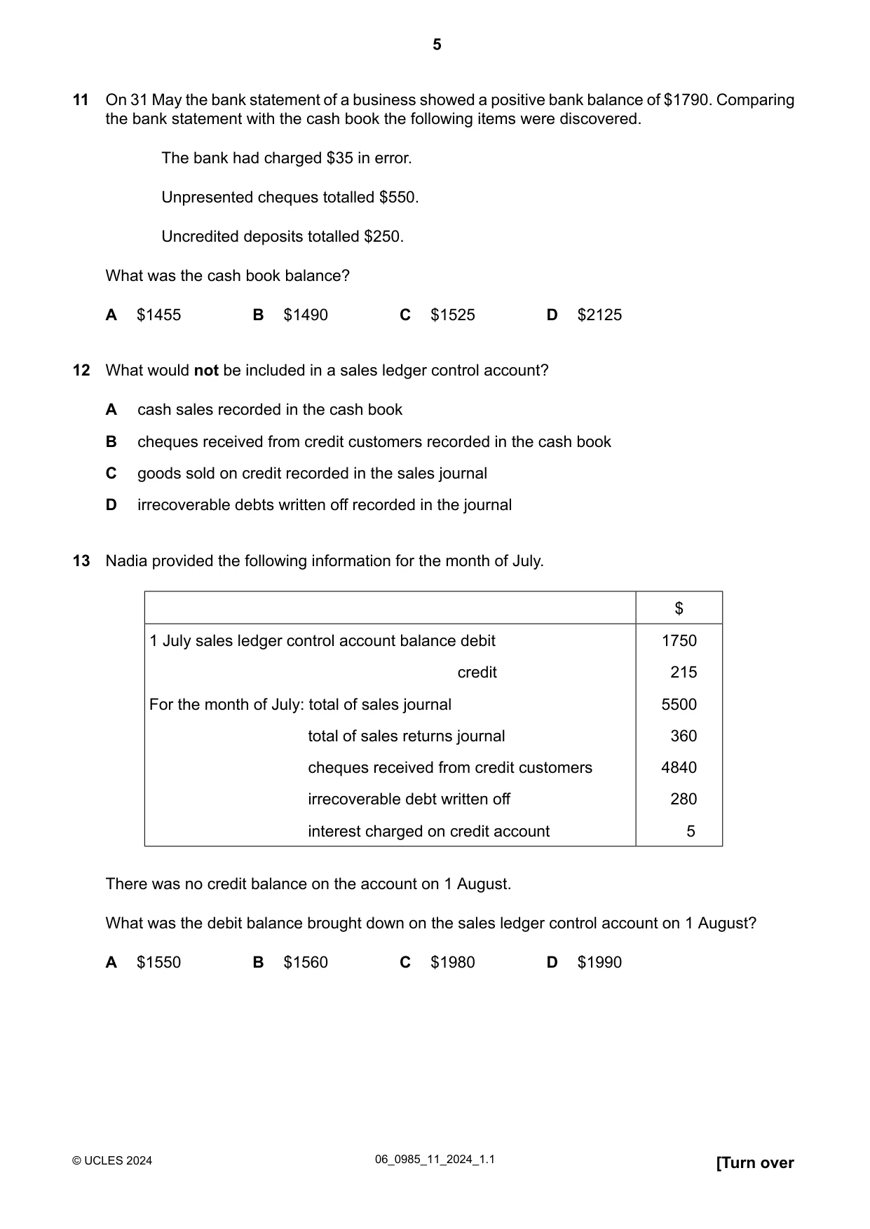 Cambridge IGCSE Accounting (9-1) 0985 2024 May/June Paper 1 · Variant 1 question paper, page 5 of 12