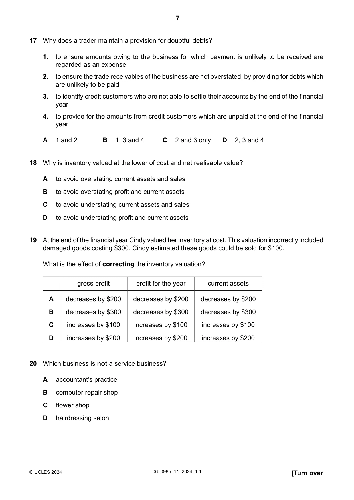 Cambridge IGCSE Accounting (9-1) 0985 2024 May/June Paper 1 · Variant 1 question paper, page 7 of 12