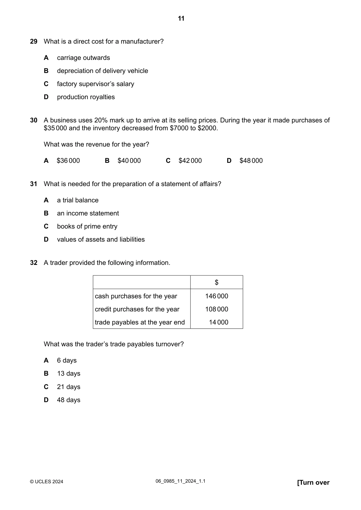 Cambridge IGCSE Accounting (9-1) 0985 2024 May/June Paper 1 · Variant 1 question paper, page 11 of 12