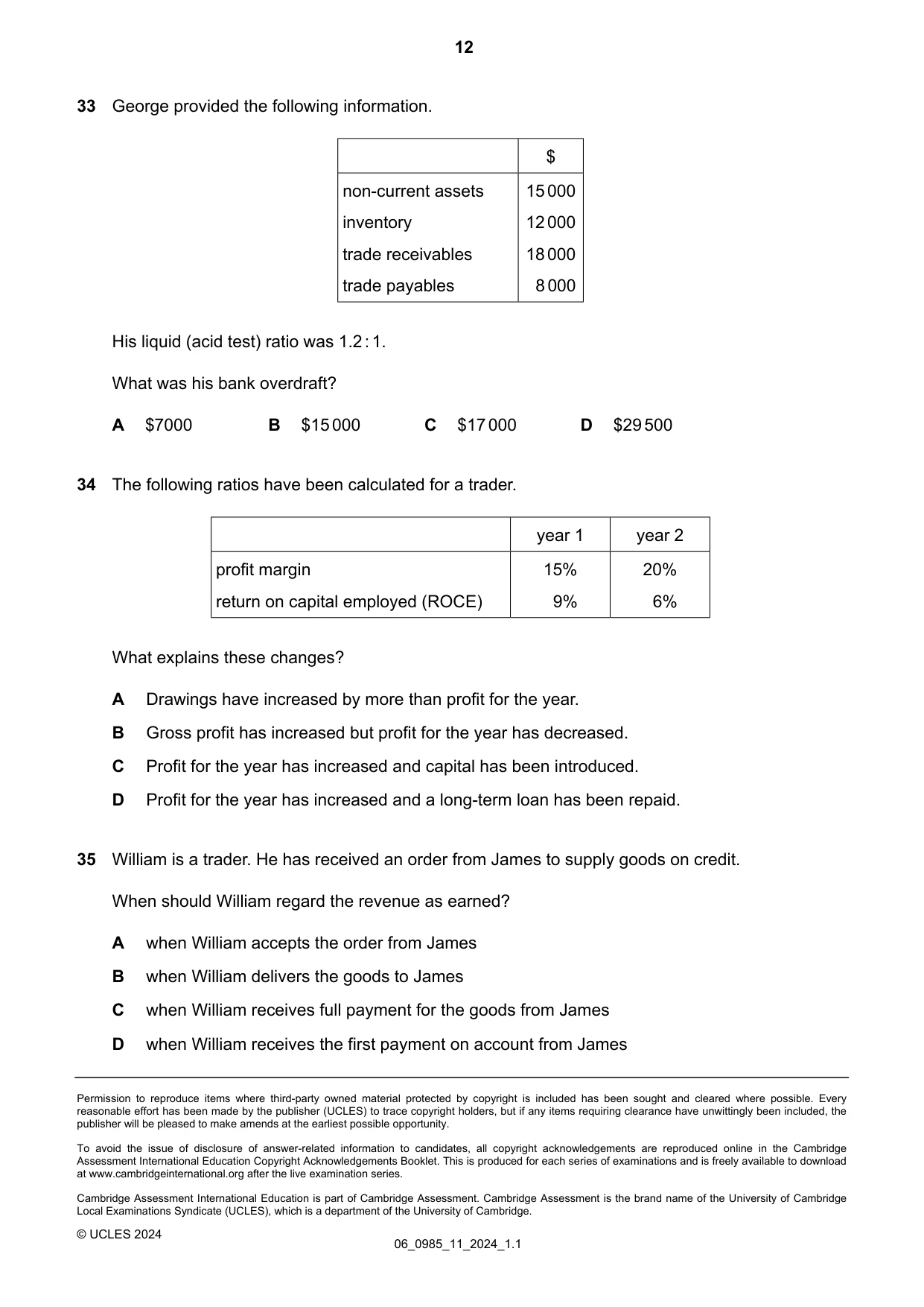 Cambridge IGCSE Accounting (9-1) 0985 2024 May/June Paper 1 · Variant 1 question paper, page 12 of 12