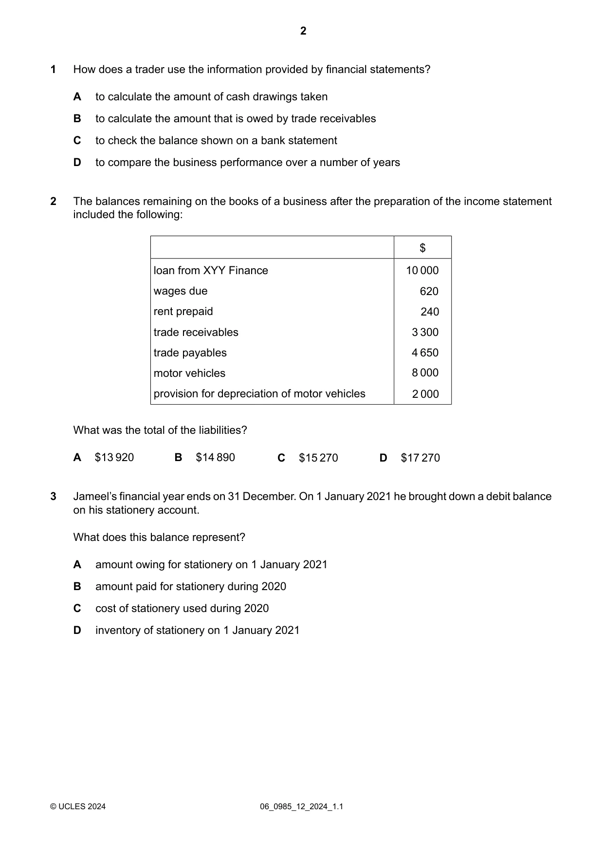 Cambridge IGCSE Accounting (9-1) 0985 2024 May/June Paper 1 · Variant 2 question paper, page 2 of 12