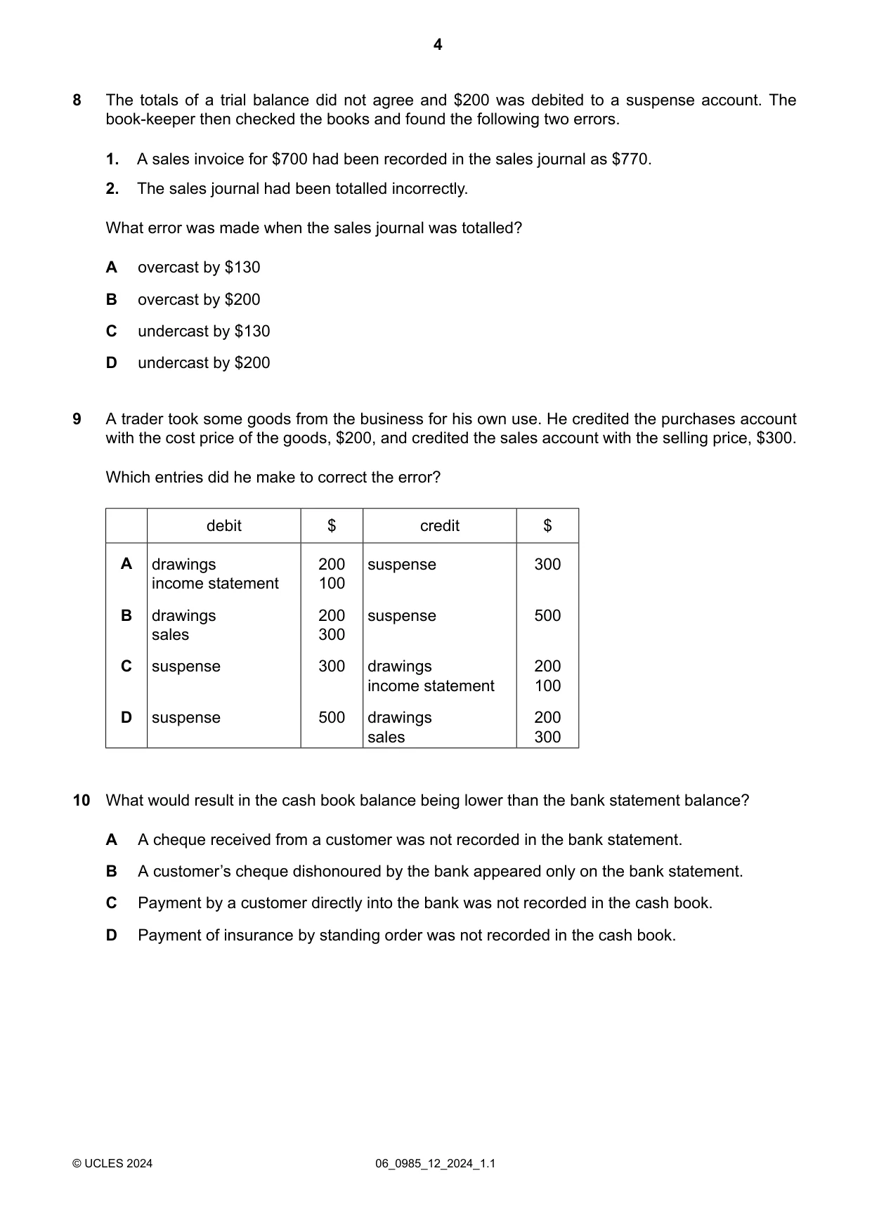 Cambridge IGCSE Accounting (9-1) 0985 2024 May/June Paper 1 · Variant 2 question paper, page 4 of 12