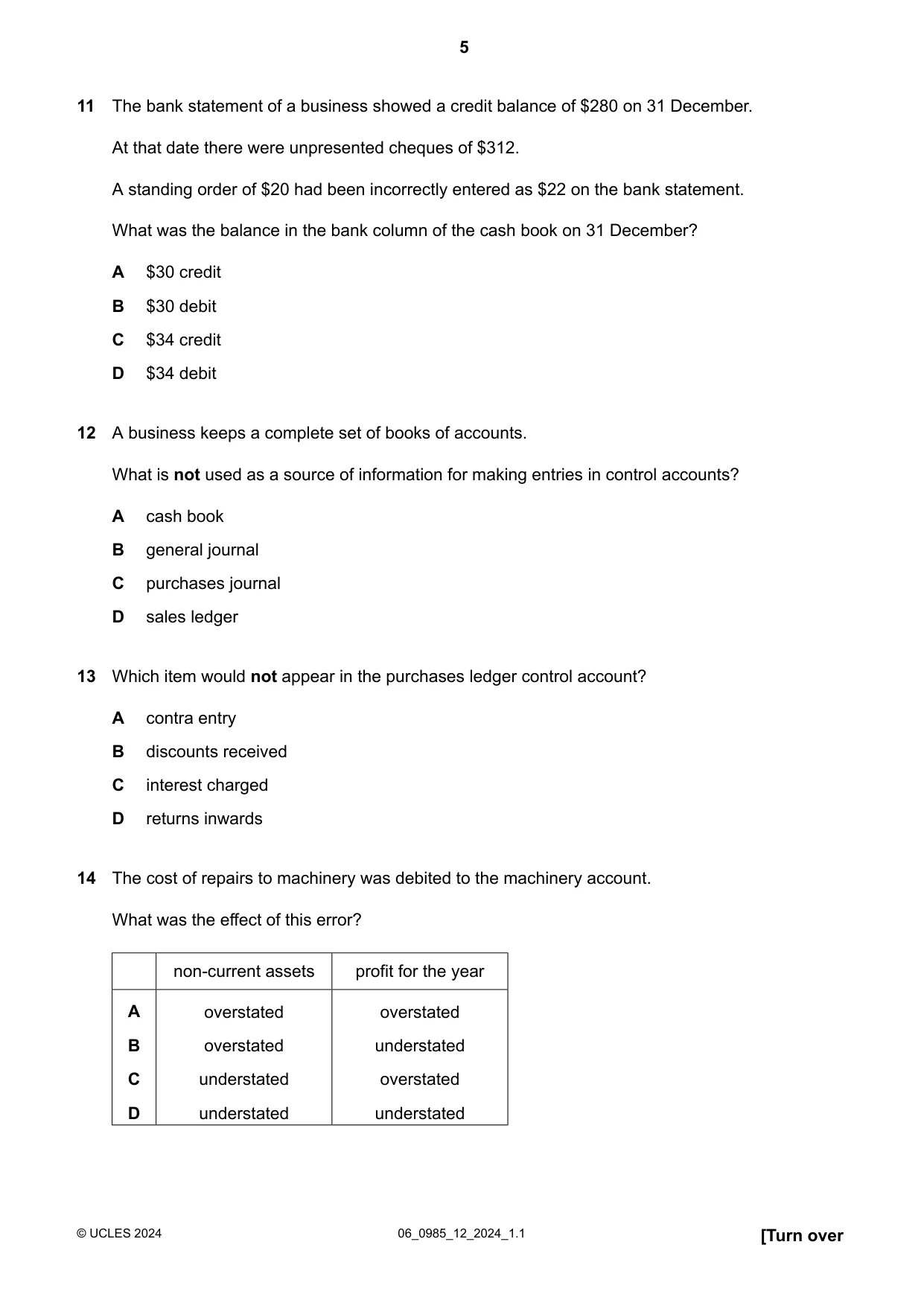 Cambridge IGCSE Accounting (9-1) 0985 2024 May/June Paper 1 · Variant 2 question paper, page 5 of 12