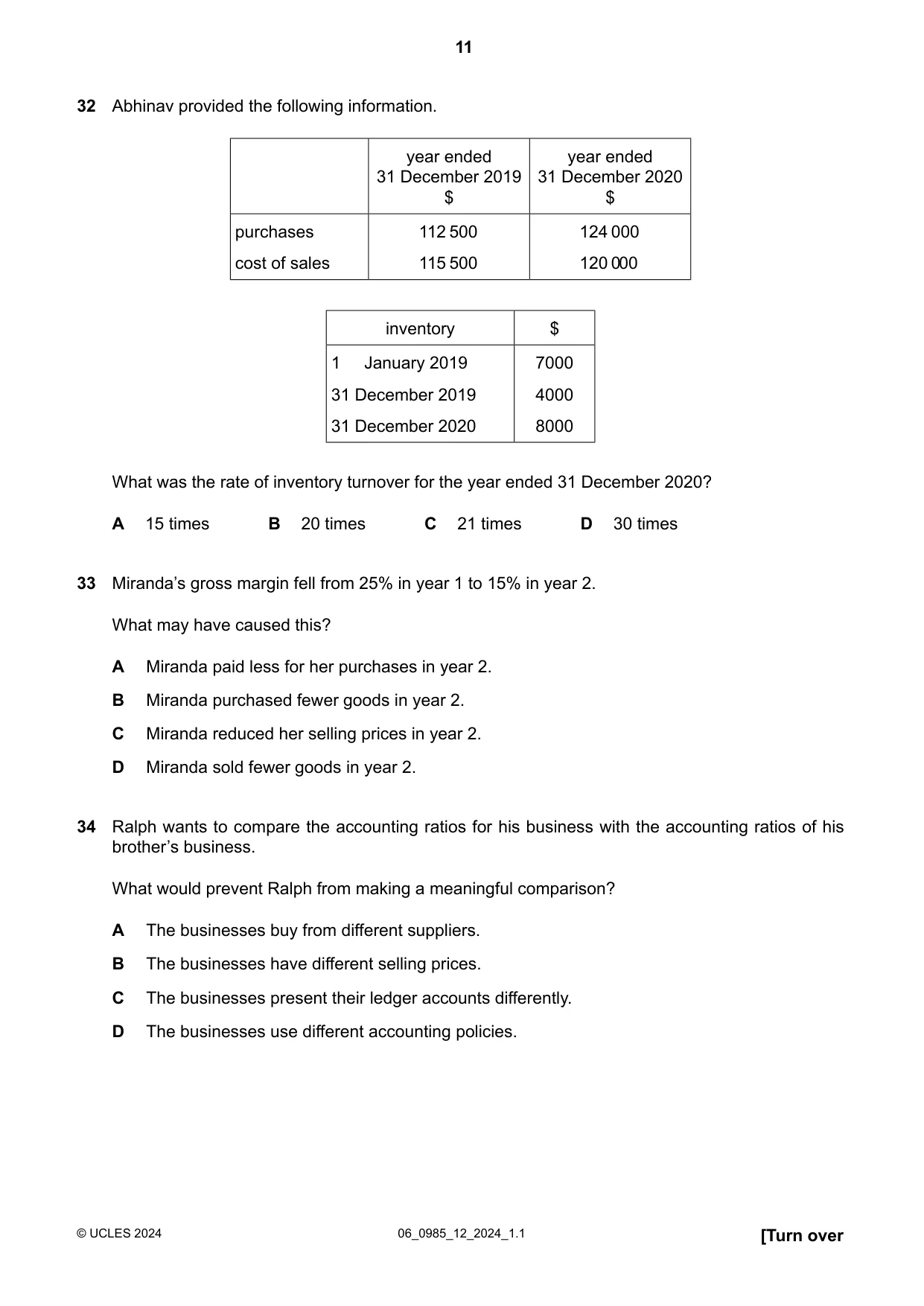 Cambridge IGCSE Accounting (9-1) 0985 2024 May/June Paper 1 · Variant 2 question paper, page 11 of 12