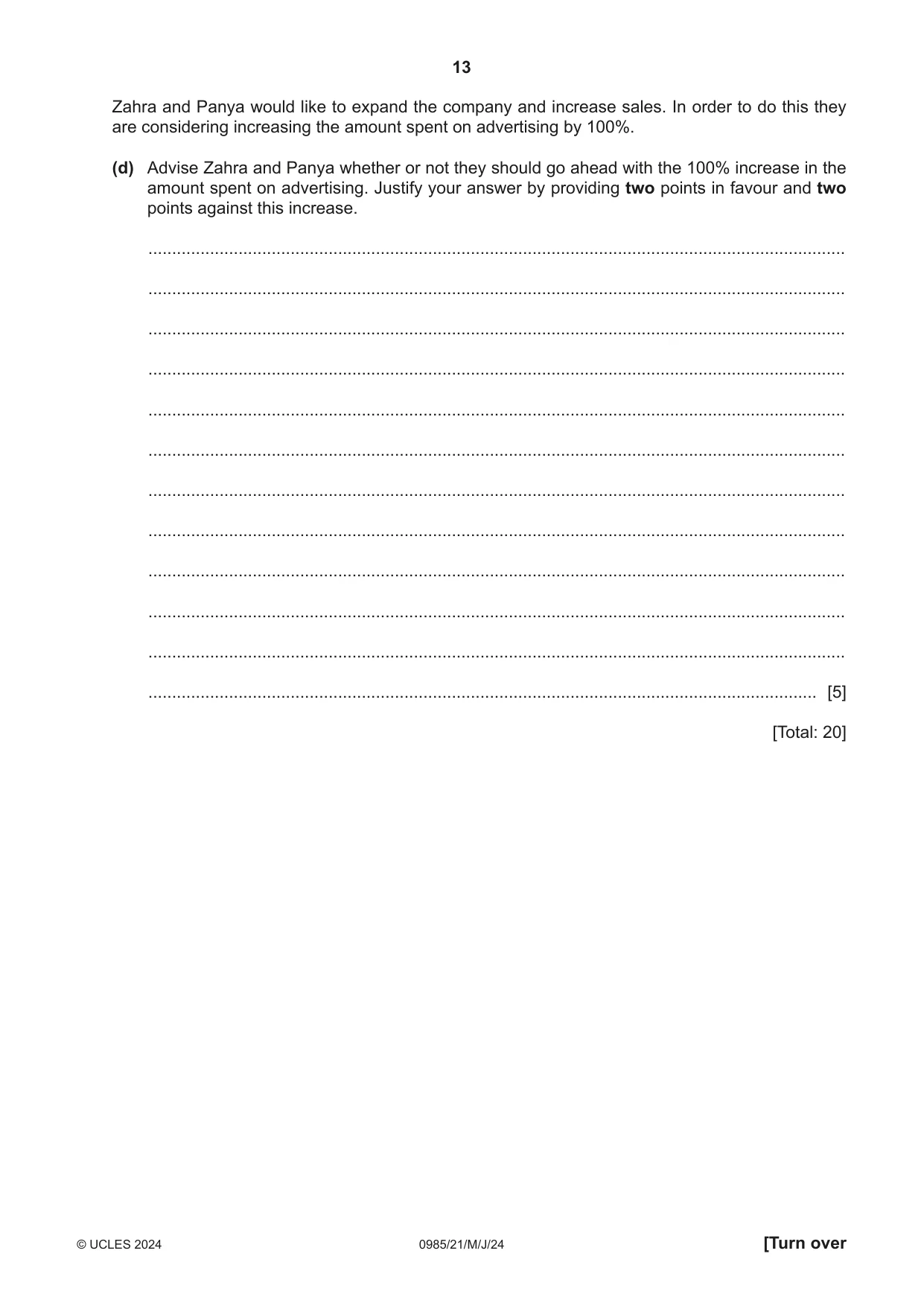 Cambridge IGCSE Accounting (9-1) 0985 2024 May/June Paper 2 · Variant 1 question paper, page 13 of 20