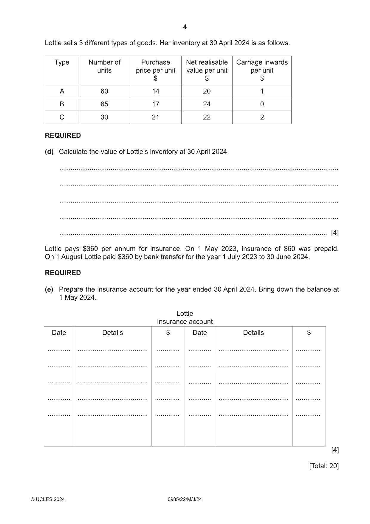 Cambridge IGCSE Accounting (9-1) 0985 2024 May/June Paper 2 · Variant 2 question paper, page 4 of 20