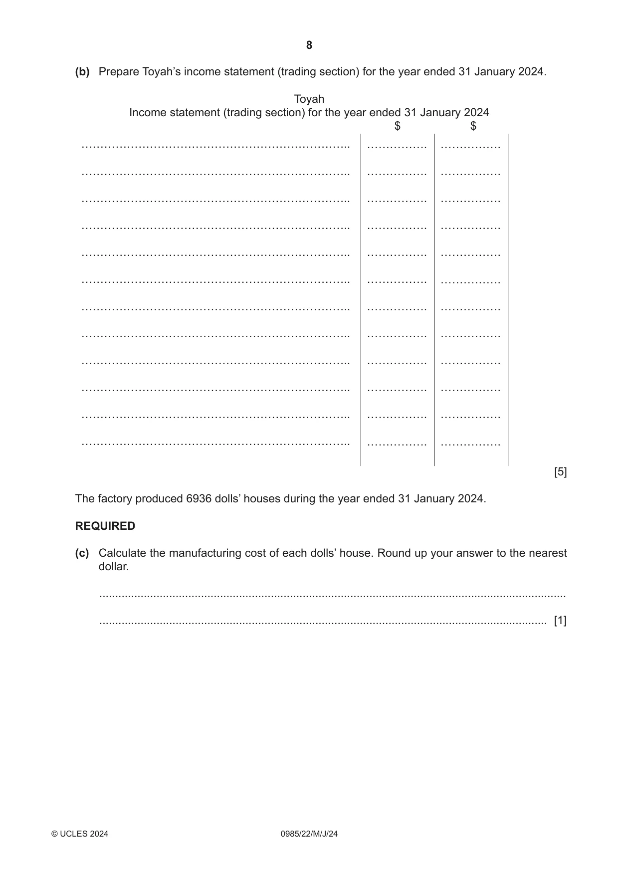 Cambridge IGCSE Accounting (9-1) 0985 2024 May/June Paper 2 · Variant 2 question paper, page 8 of 20
