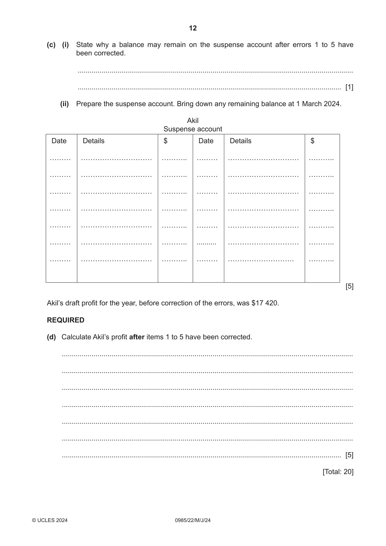 Cambridge IGCSE Accounting (9-1) 0985 2024 May/June Paper 2 · Variant 2 question paper, page 12 of 20
