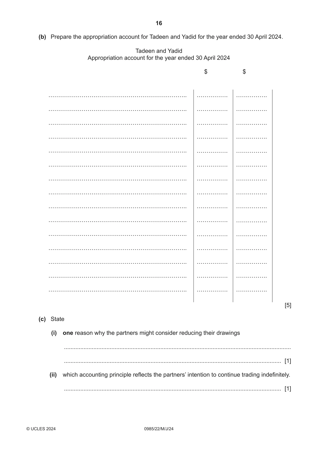 Cambridge IGCSE Accounting (9-1) 0985 2024 May/June Paper 2 · Variant 2 question paper, page 16 of 20