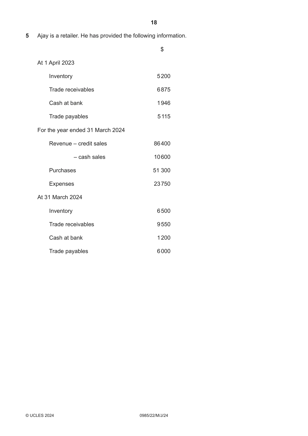 Cambridge IGCSE Accounting (9-1) 0985 2024 May/June Paper 2 · Variant 2 question paper, page 18 of 20
