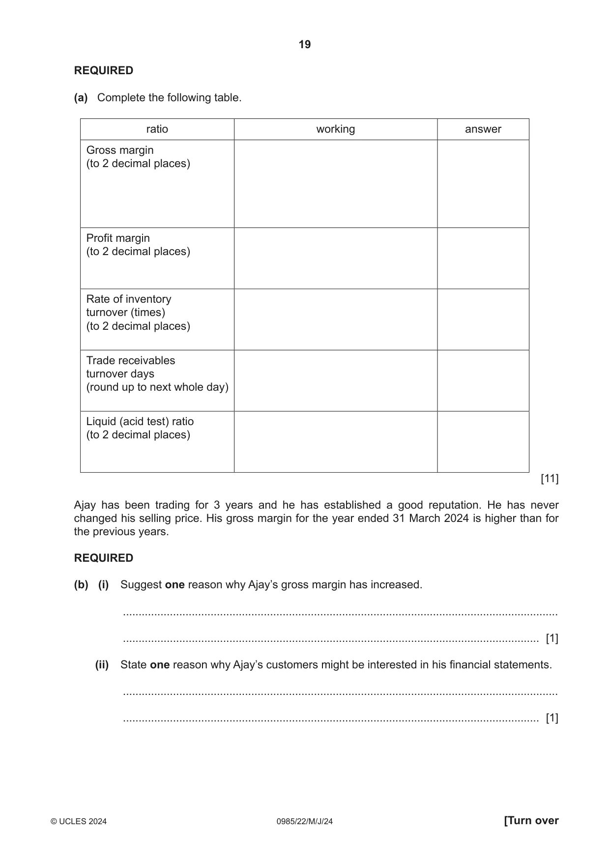 Cambridge IGCSE Accounting (9-1) 0985 2024 May/June Paper 2 · Variant 2 question paper, page 19 of 20