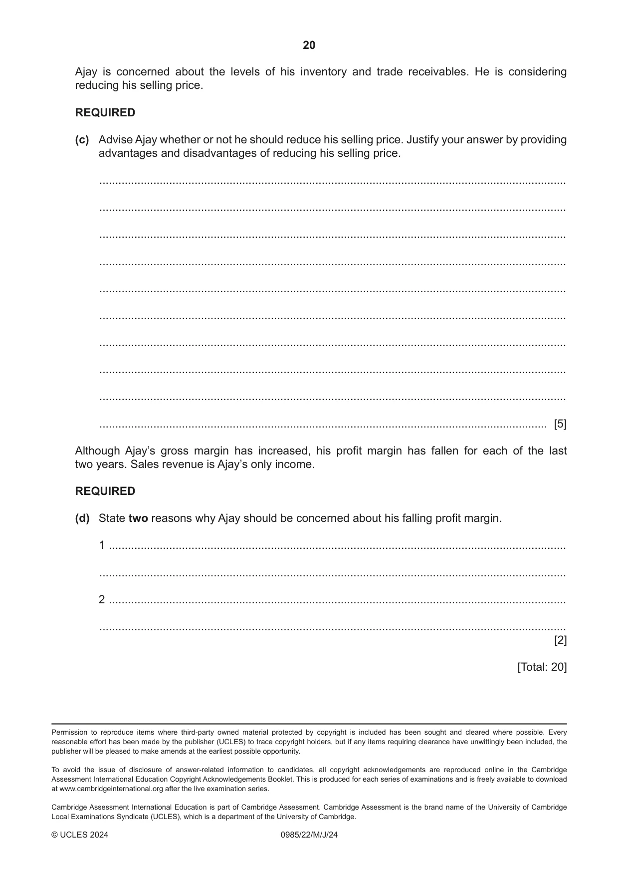 Cambridge IGCSE Accounting (9-1) 0985 2024 May/June Paper 2 · Variant 2 question paper, page 20 of 20