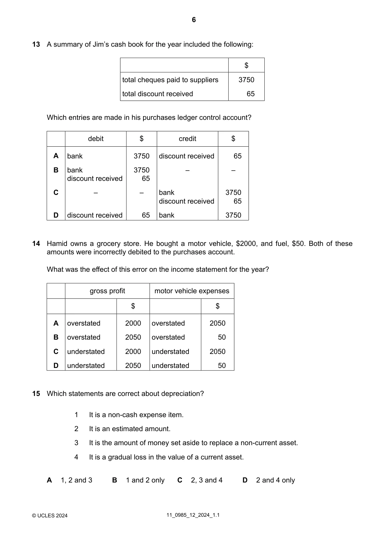 Cambridge IGCSE Accounting (9-1) 0985 2024 Oct/Nov Paper 1 · Variant 2 question paper, page 6 of 16