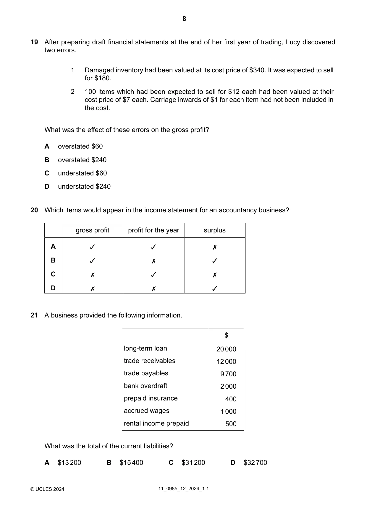 Cambridge IGCSE Accounting (9-1) 0985 2024 Oct/Nov Paper 1 · Variant 2 question paper, page 8 of 16