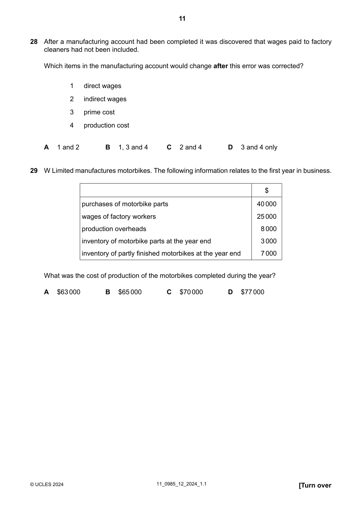 Cambridge IGCSE Accounting (9-1) 0985 2024 Oct/Nov Paper 1 · Variant 2 question paper, page 11 of 16