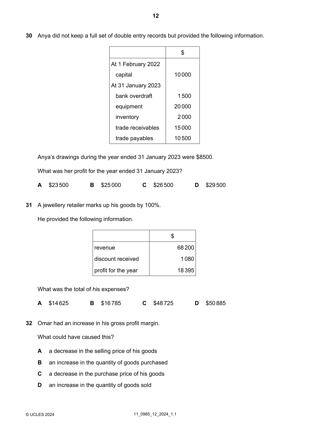 Cambridge IGCSE Accounting (9-1) 0985 2024 Oct/Nov Paper 1 · Variant 2 question paper, page 12 of 16