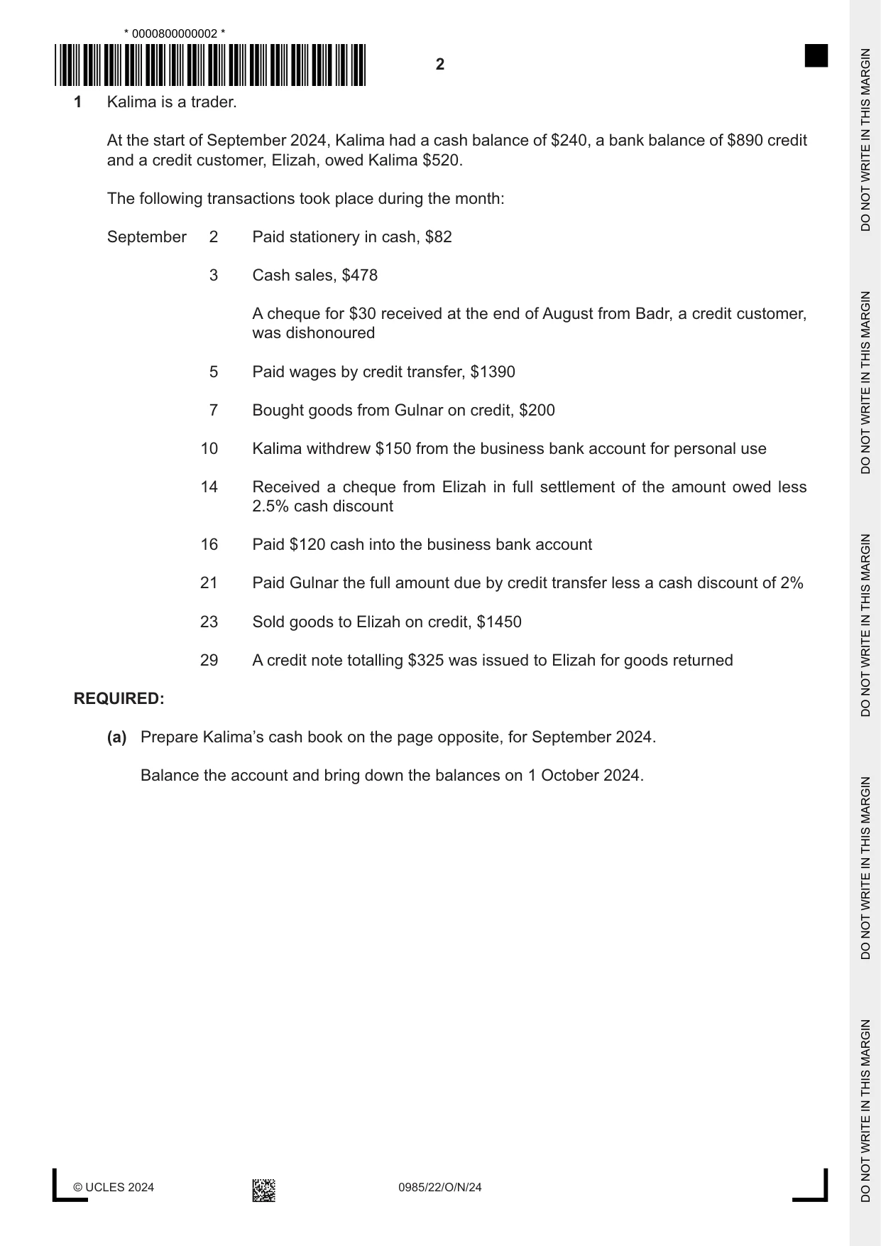 Cambridge IGCSE Accounting (9-1) 0985 2024 Oct/Nov Paper 2 · Variant 2 question paper, page 2 of 24