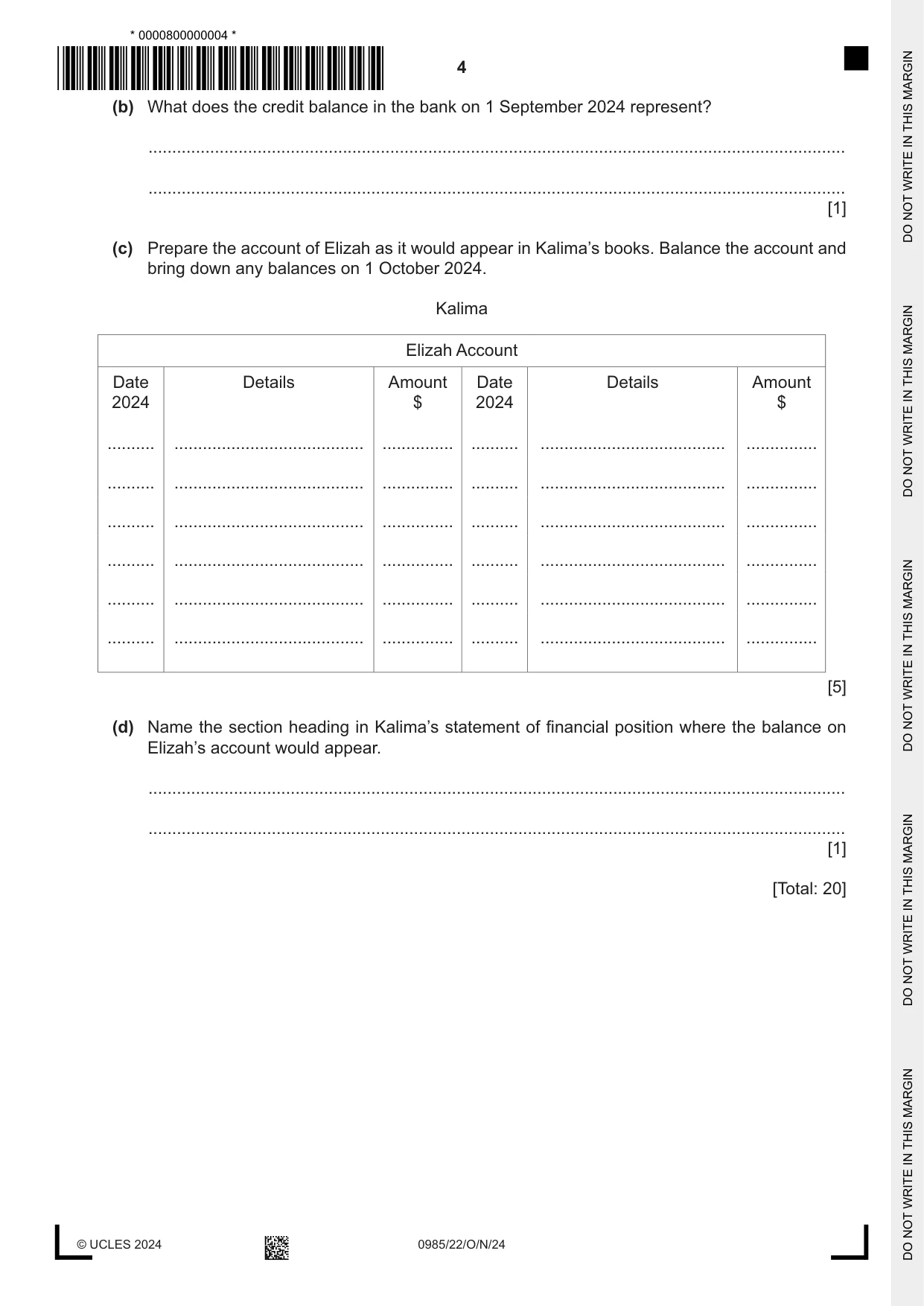 Cambridge IGCSE Accounting (9-1) 0985 2024 Oct/Nov Paper 2 · Variant 2 question paper, page 4 of 24