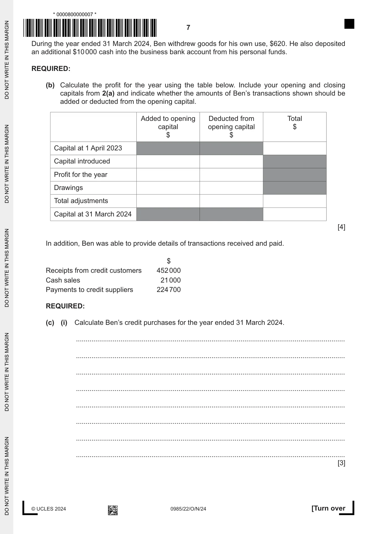 Cambridge IGCSE Accounting (9-1) 0985 2024 Oct/Nov Paper 2 · Variant 2 question paper, page 7 of 24