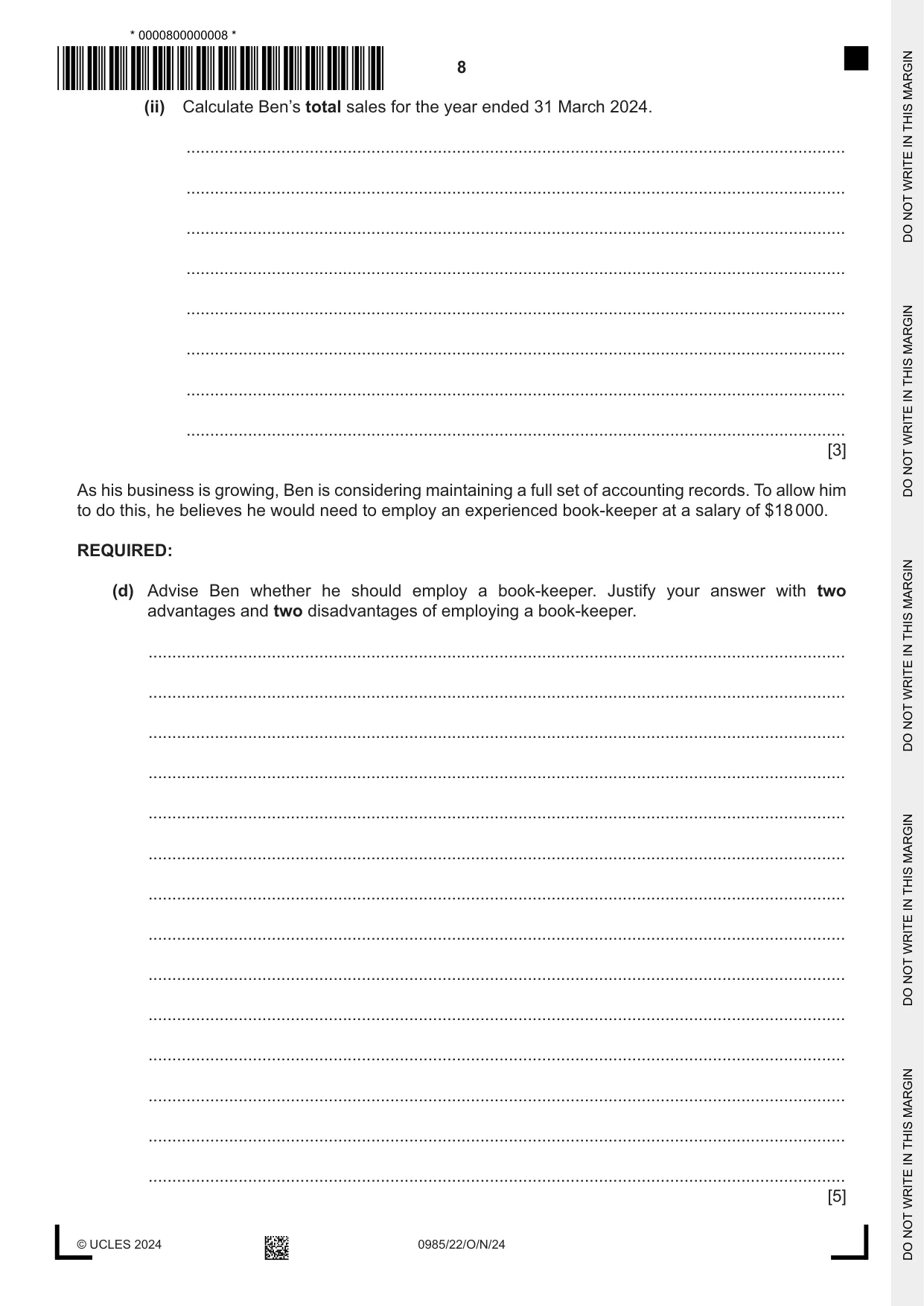 Cambridge IGCSE Accounting (9-1) 0985 2024 Oct/Nov Paper 2 · Variant 2 question paper, page 8 of 24