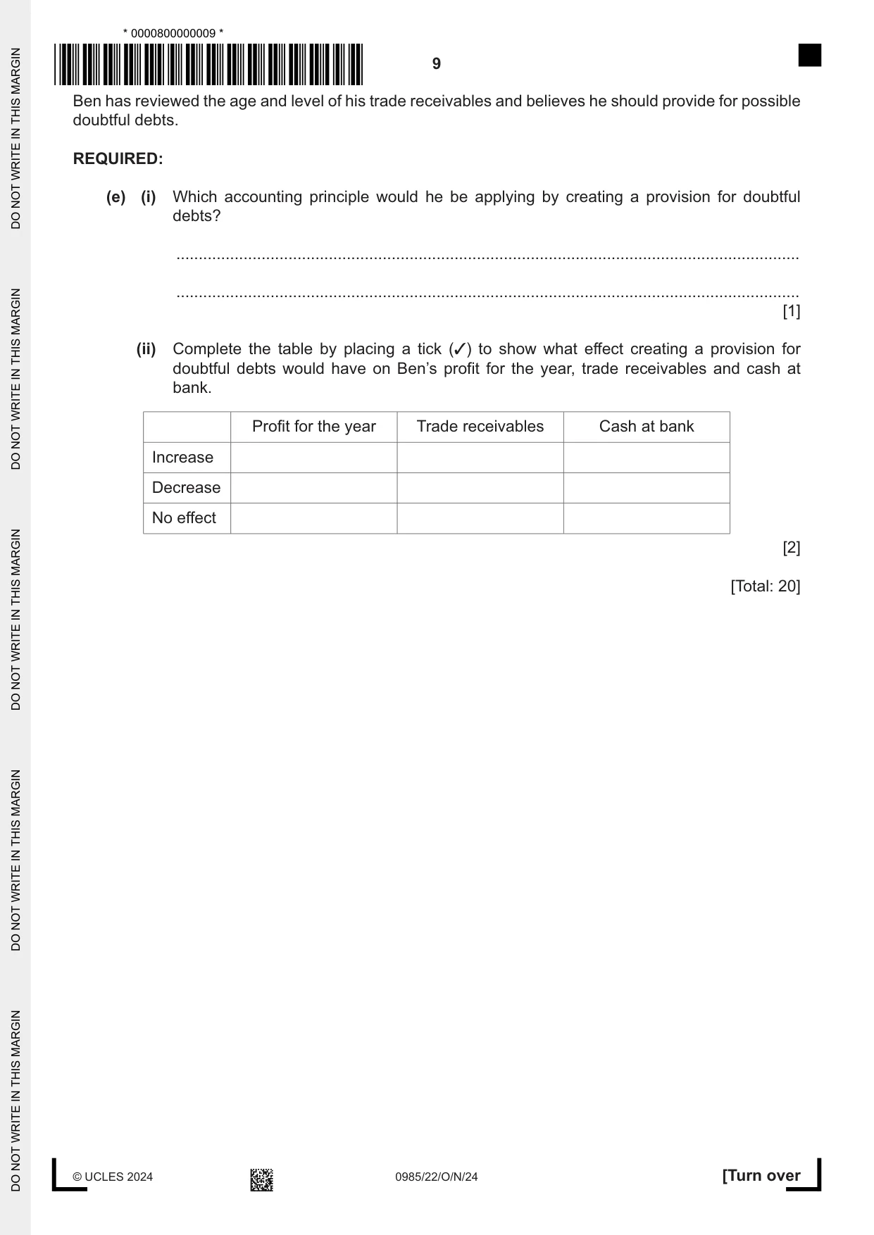 Cambridge IGCSE Accounting (9-1) 0985 2024 Oct/Nov Paper 2 · Variant 2 question paper, page 9 of 24
