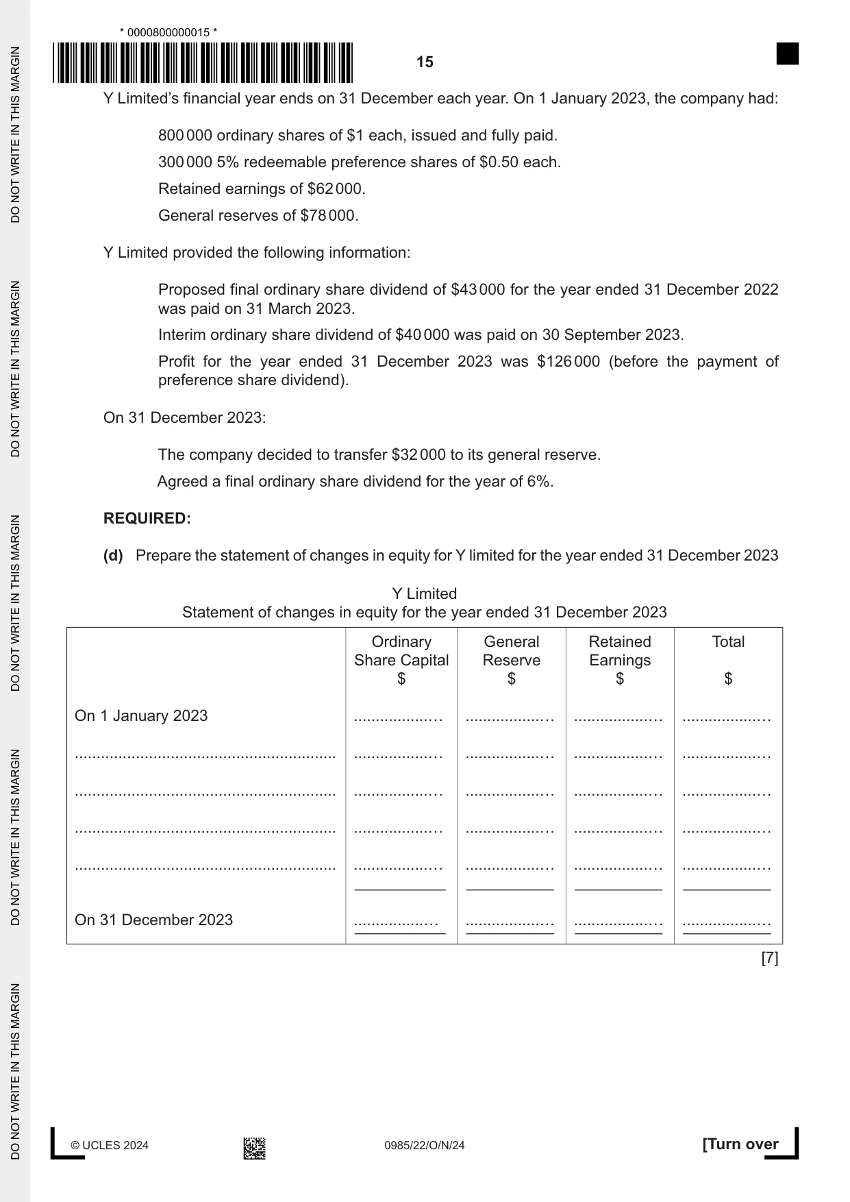 Cambridge IGCSE Accounting (9-1) 0985 2024 Oct/Nov Paper 2 · Variant 2 question paper, page 15 of 24