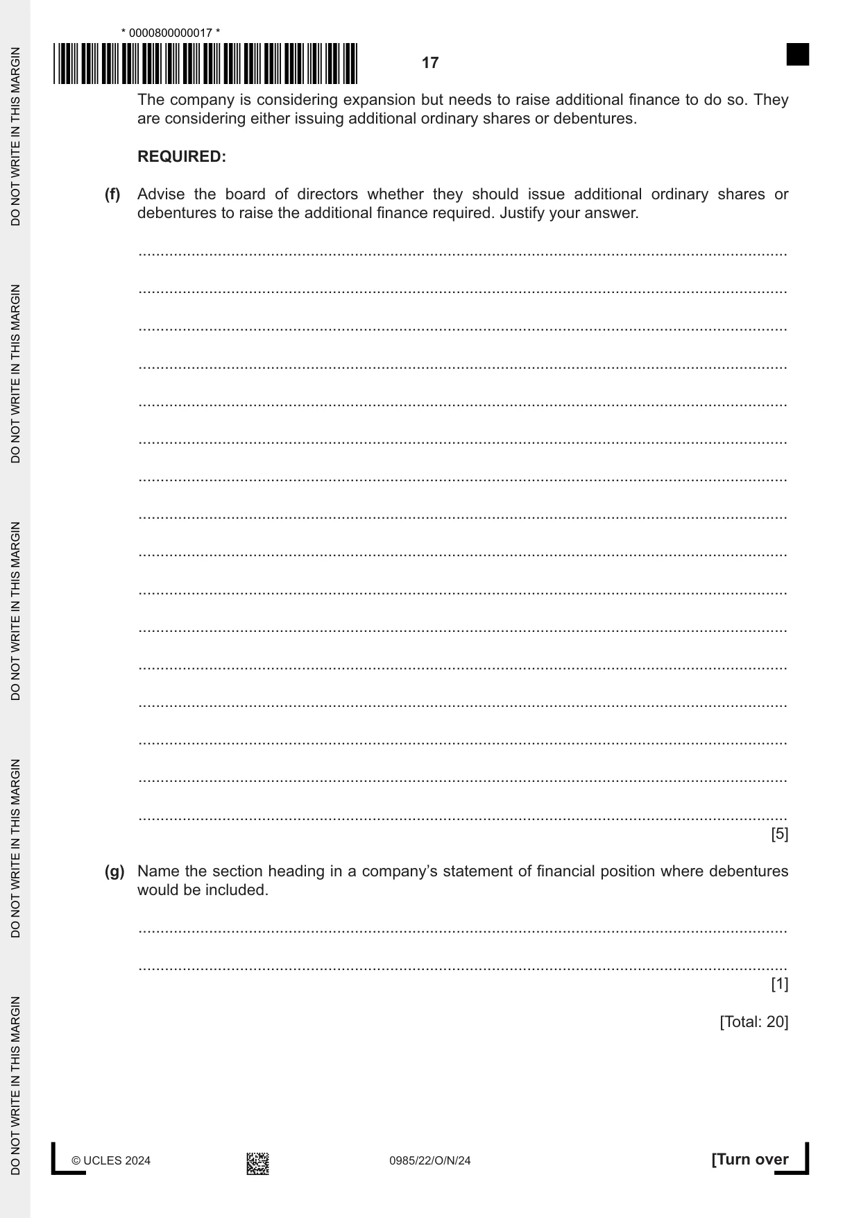 Cambridge IGCSE Accounting (9-1) 0985 2024 Oct/Nov Paper 2 · Variant 2 question paper, page 17 of 24
