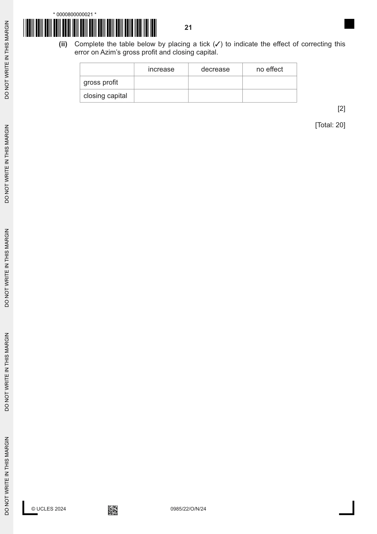 Cambridge IGCSE Accounting (9-1) 0985 2024 Oct/Nov Paper 2 · Variant 2 question paper, page 21 of 24