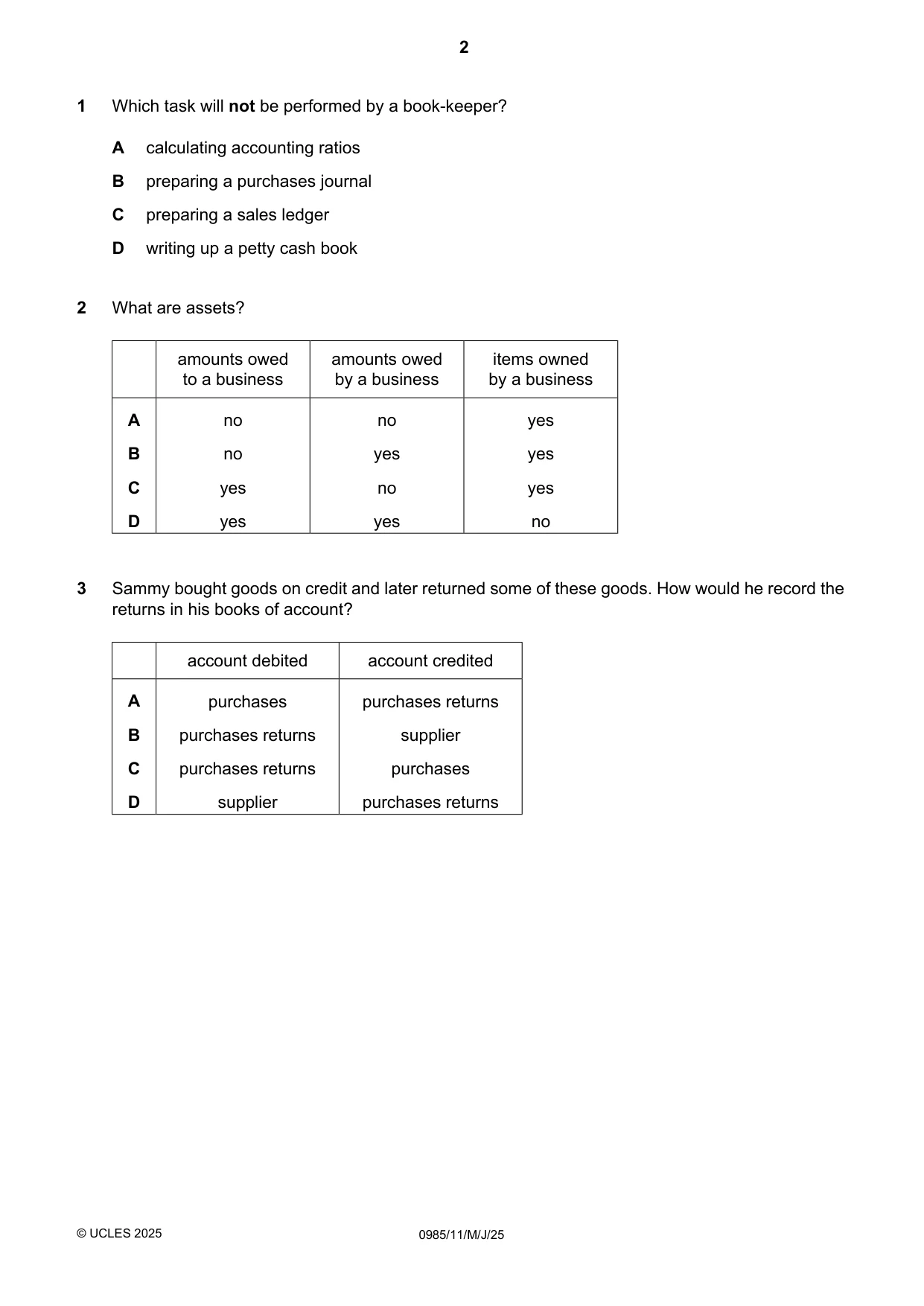 Cambridge IGCSE Accounting (9-1) 0985 2025 May/June Paper 1 · Variant 1 question paper, page 2 of 16