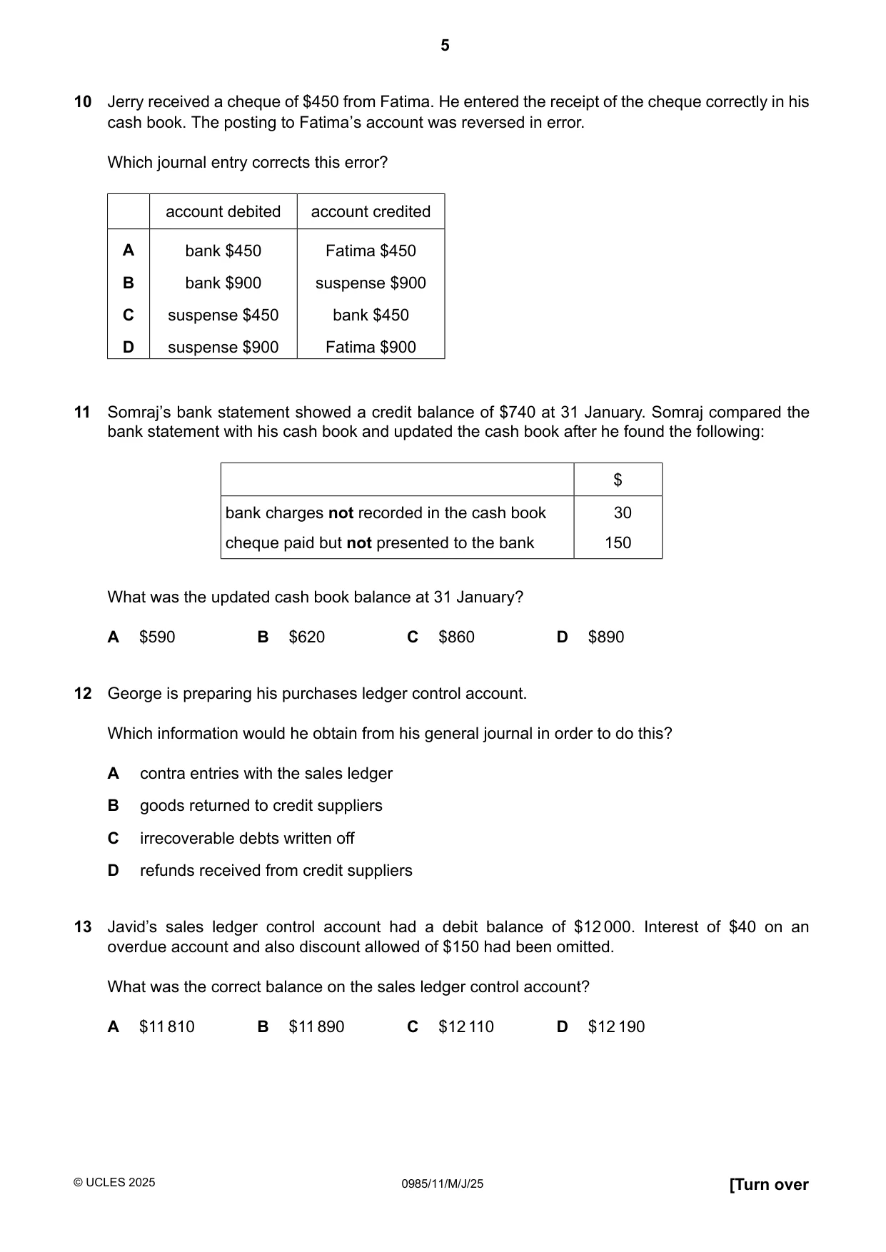 Cambridge IGCSE Accounting (9-1) 0985 2025 May/June Paper 1 · Variant 1 question paper, page 5 of 16
