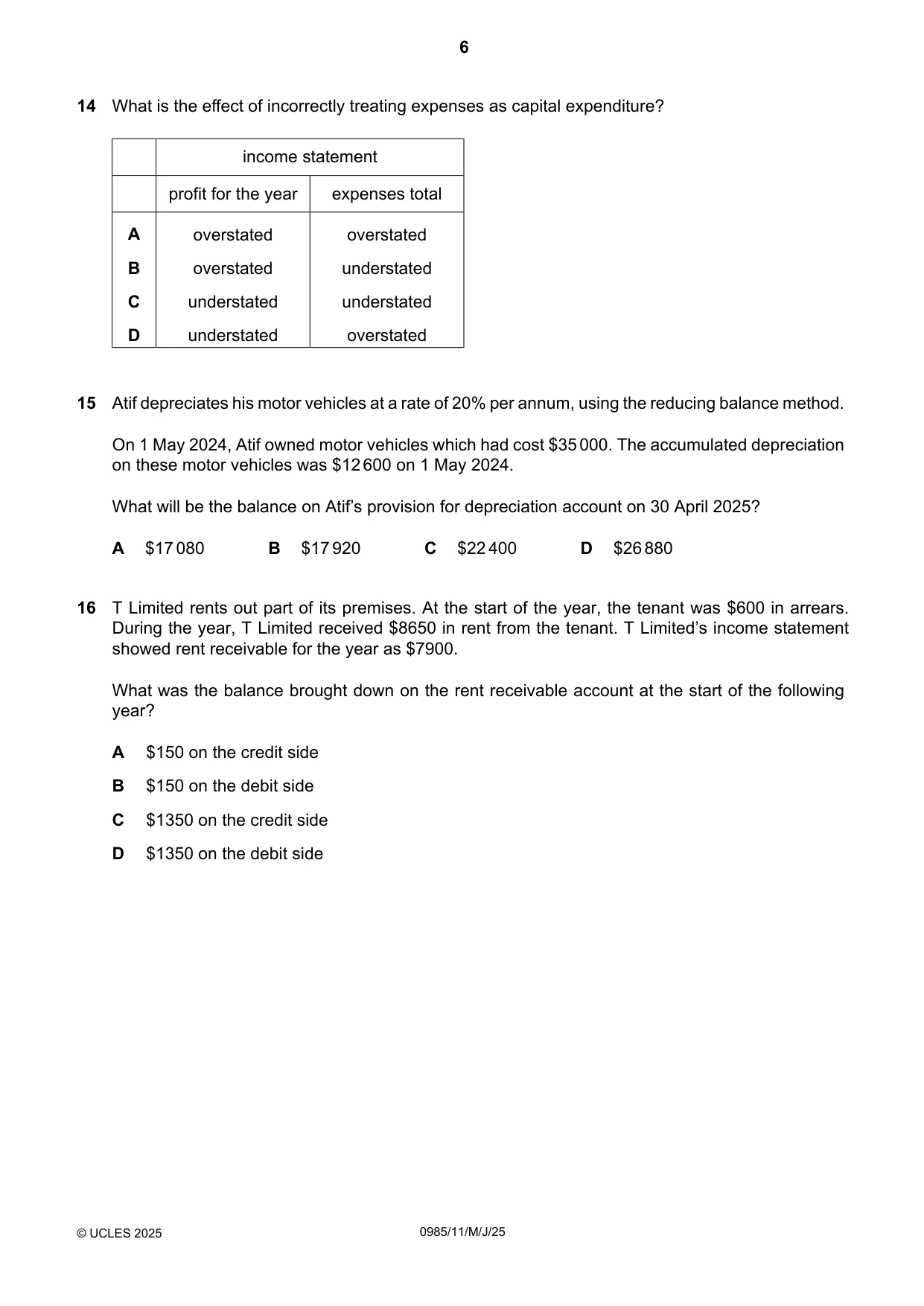 Cambridge IGCSE Accounting (9-1) 0985 2025 May/June Paper 1 · Variant 1 question paper, page 6 of 16